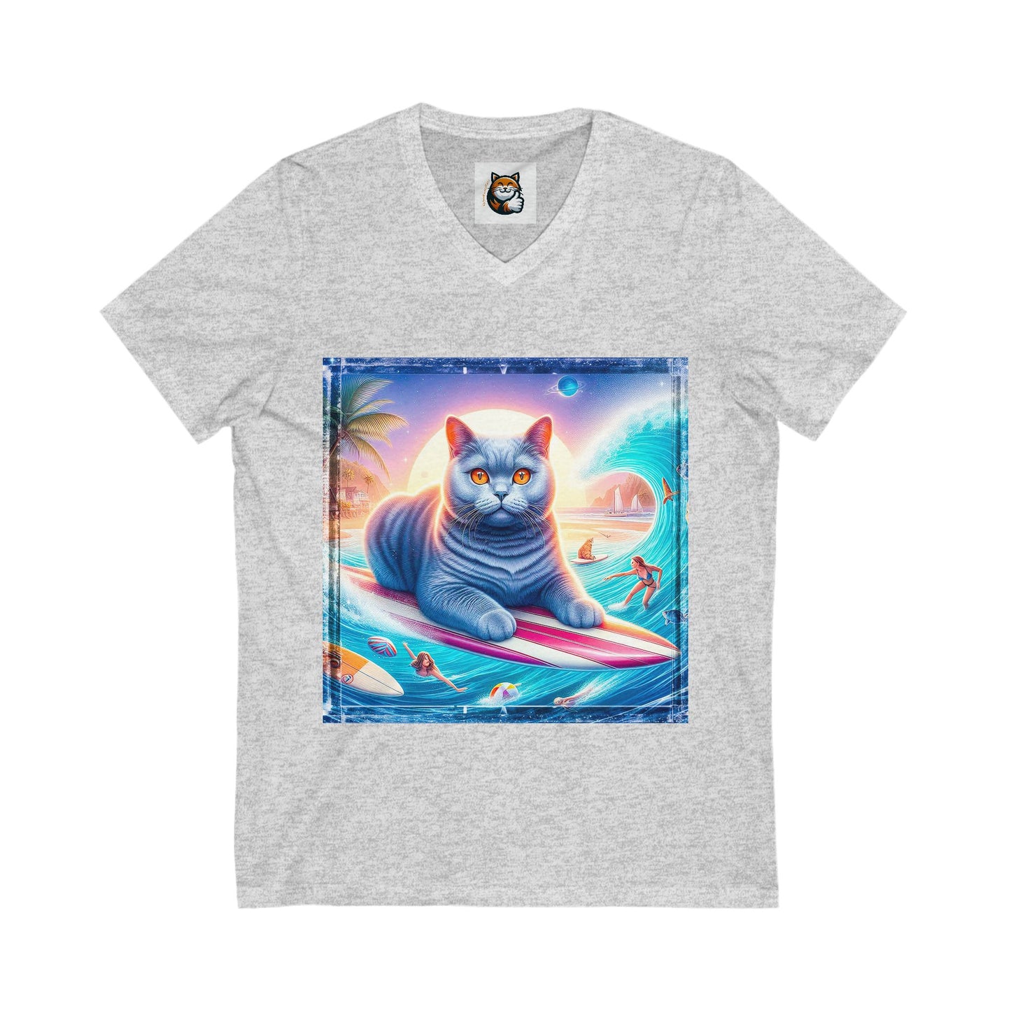 British Shorthair surfing cutie Unisex Jersey Short Sleeve V-Neck Tee