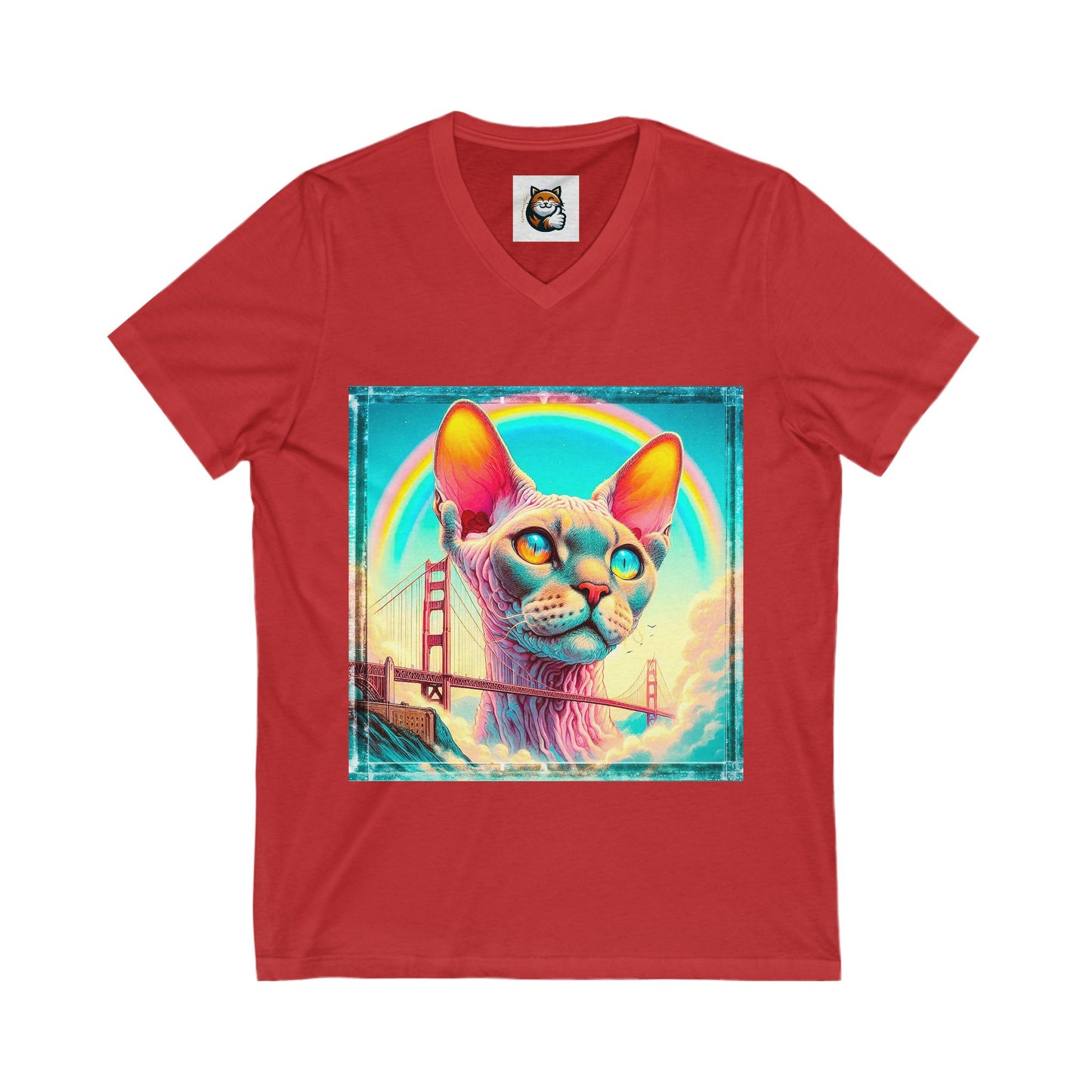Devon Rex Cat rainbow bridge Jersey Short Sleeve V-Neck Tee