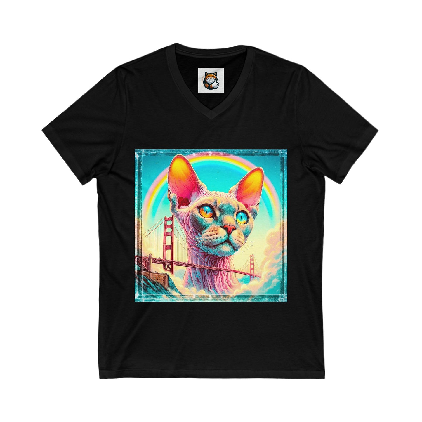 Devon Rex Cat rainbow bridge Jersey Short Sleeve V-Neck Tee