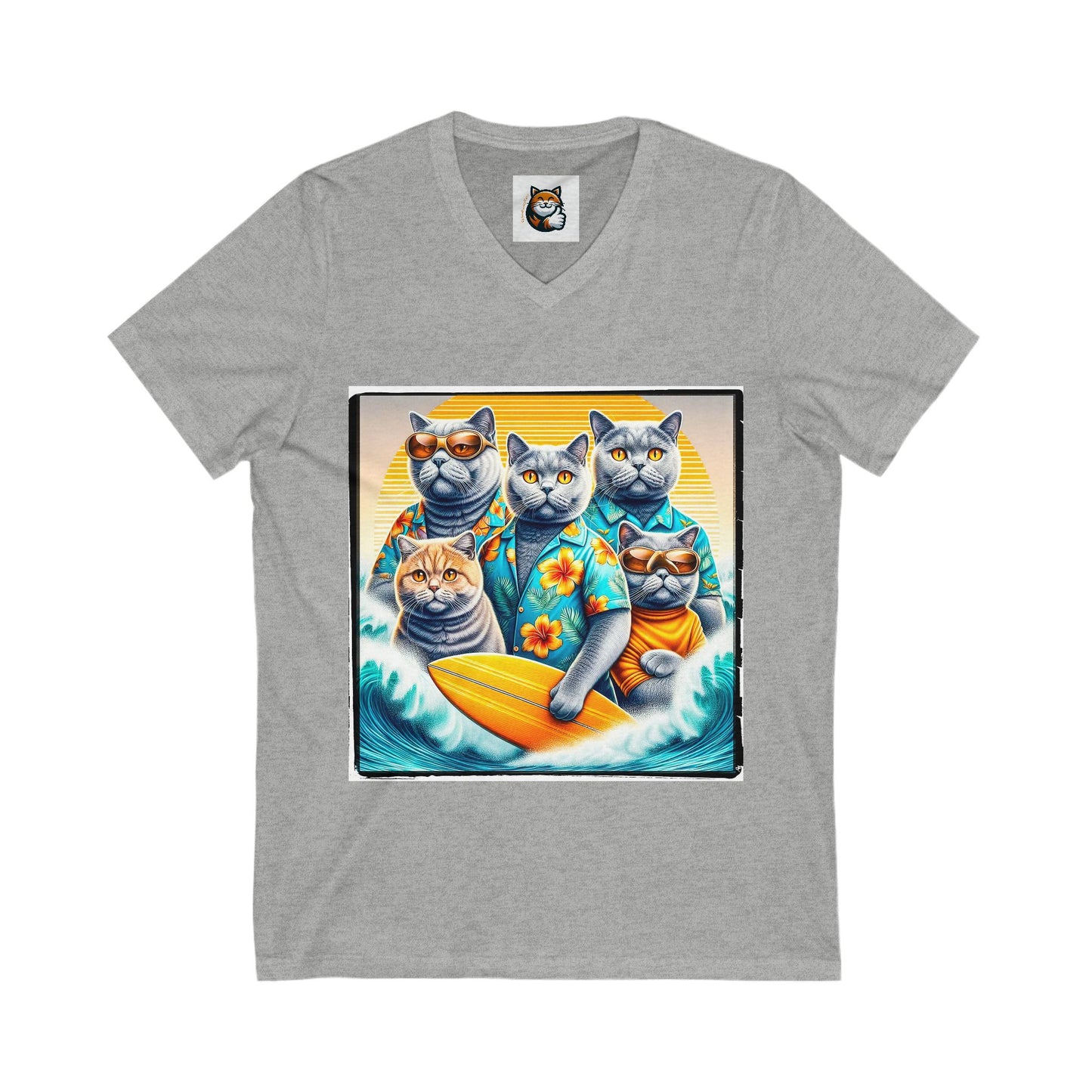 British Shorthair family surfers Jersey Short Sleeve V-Neck Tee
