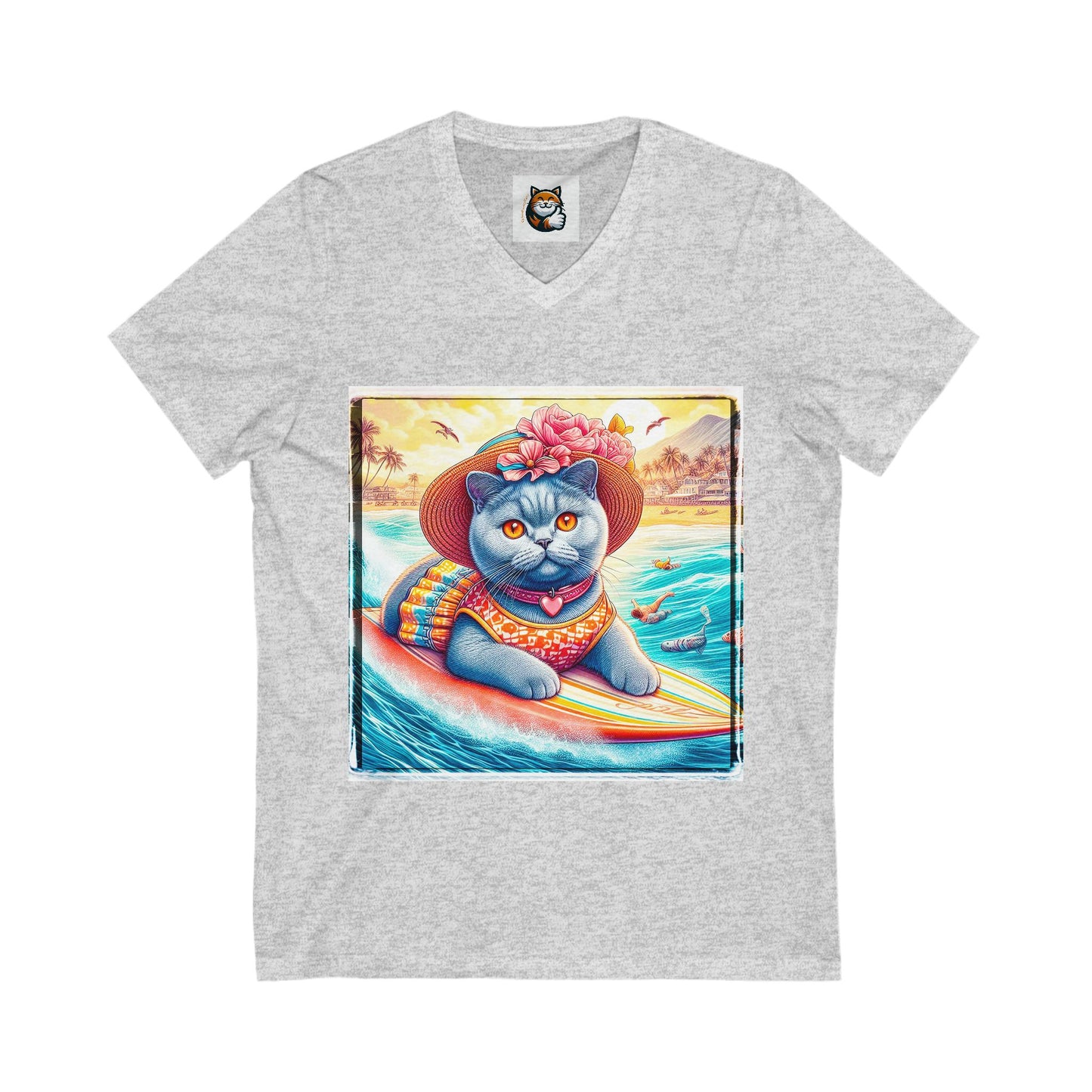 British Shorthair surfer Jersey Short Sleeve V-Neck Tee