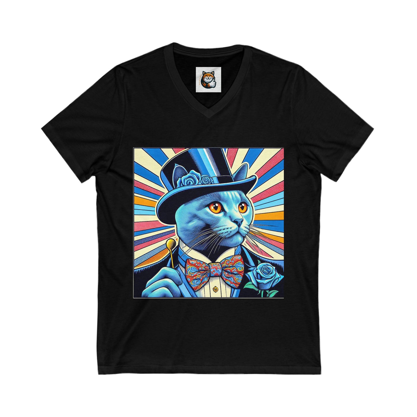Russian Blue Cat top hat Cutie Short Sleeve V-Neck Tee