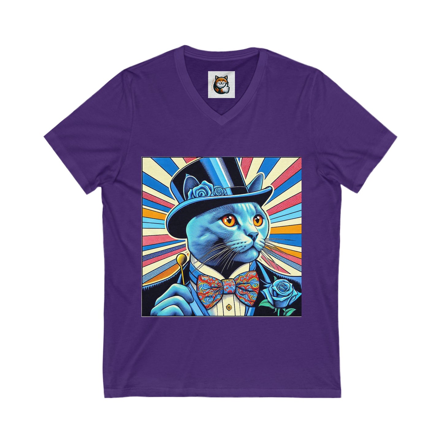 Russian Blue Cat top hat Cutie Short Sleeve V-Neck Tee