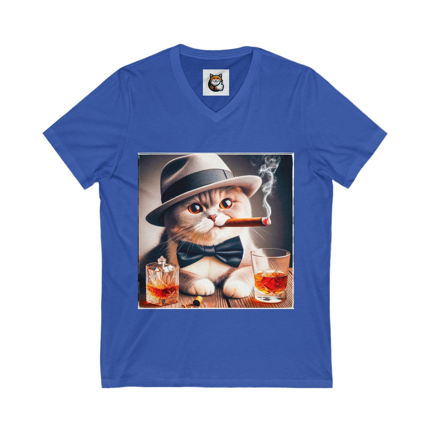 British Shorthair hat and bow tie Jersey Short Sleeve V-Neck Tee