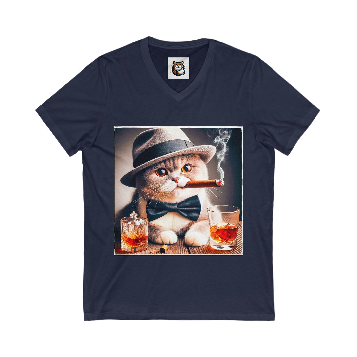 British Shorthair hat and bow tie Jersey Short Sleeve V-Neck Tee