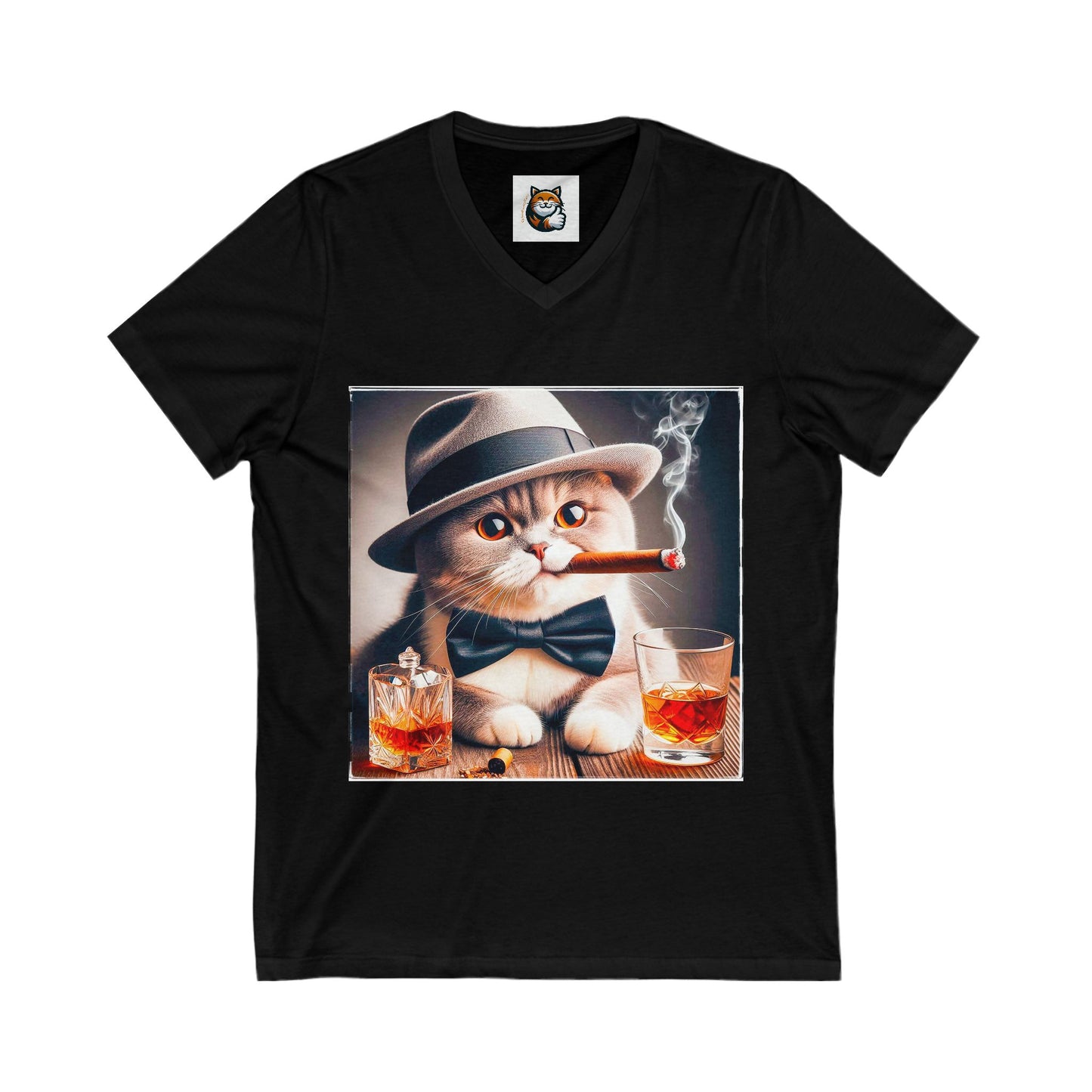 British Shorthair hat and bow tie Jersey Short Sleeve V-Neck Tee