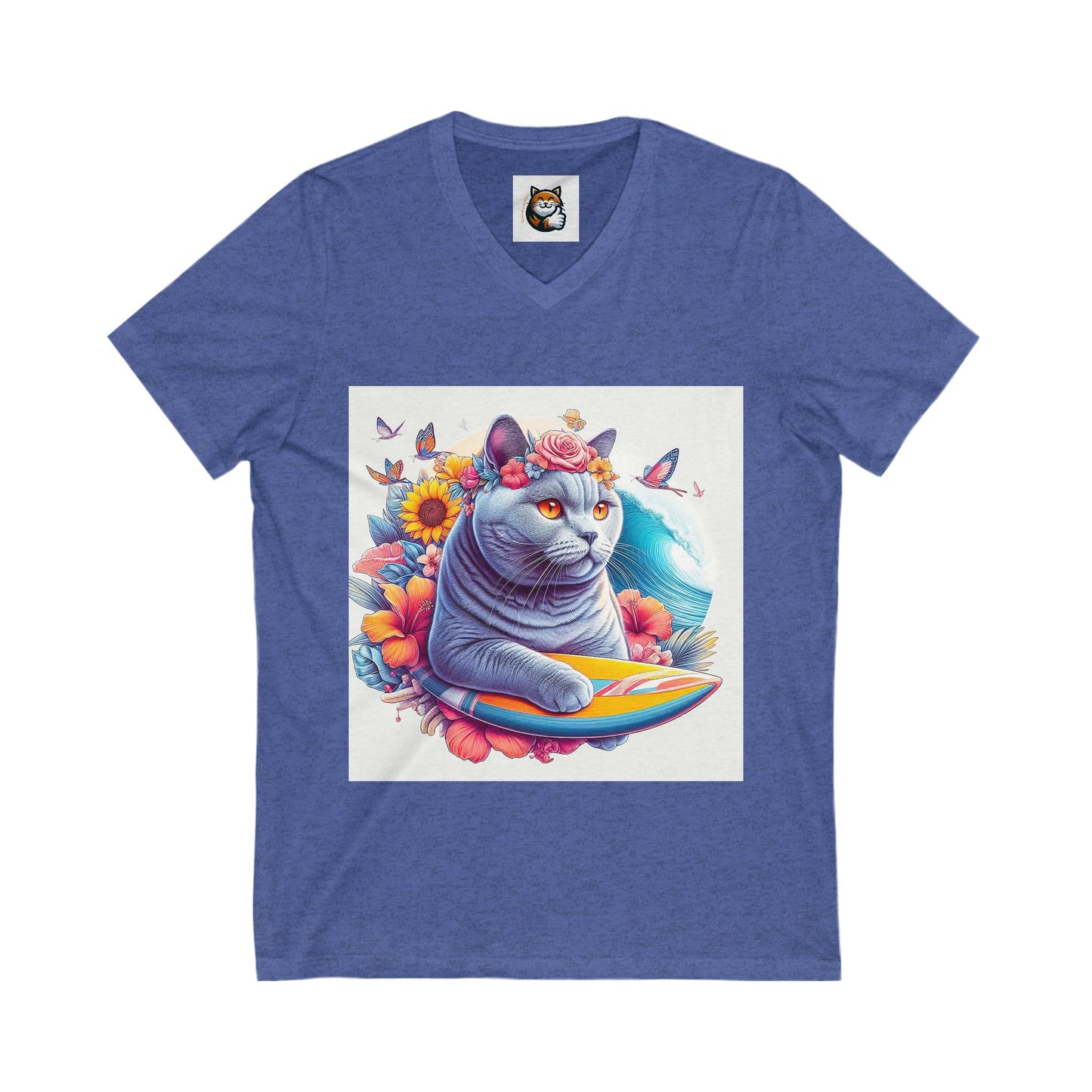 British Shorthair surfing Jersey Short Sleeve V-Neck Tee