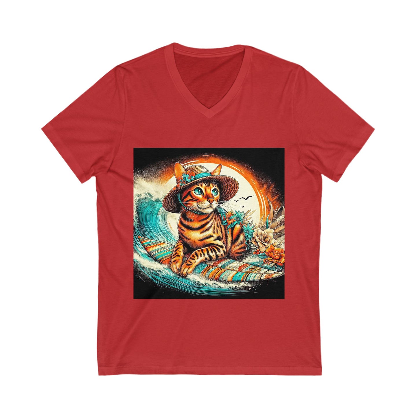 Bengal surfer kitty Short Sleeve V-Neck Tee