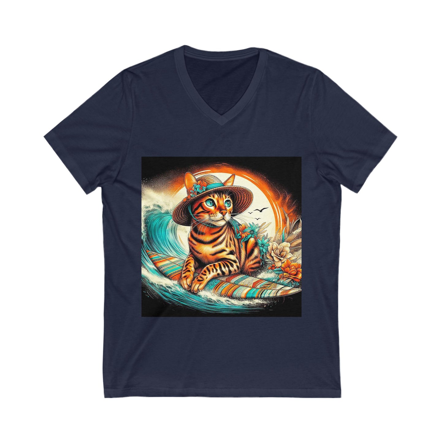 Bengal surfer kitty Short Sleeve V-Neck Tee