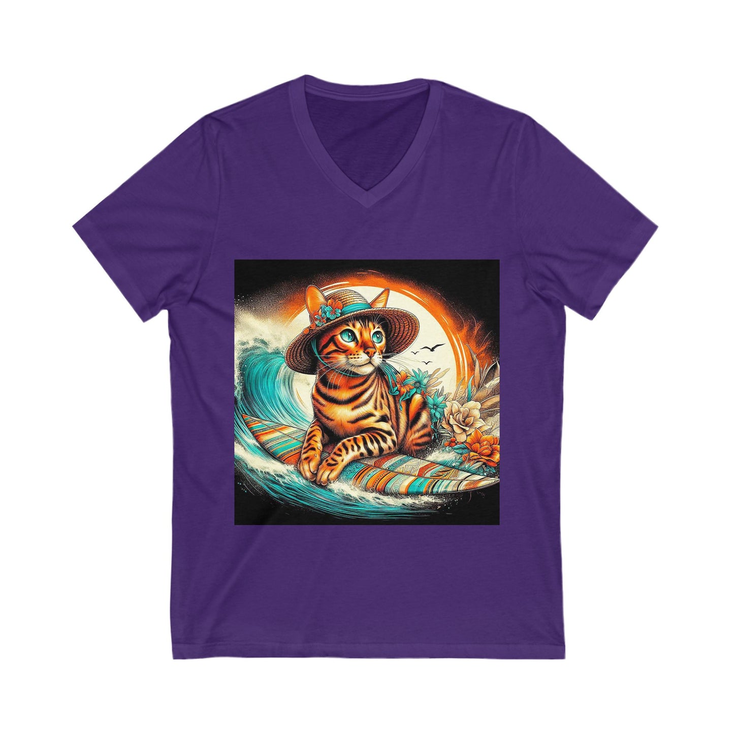 Bengal surfer kitty Short Sleeve V-Neck Tee
