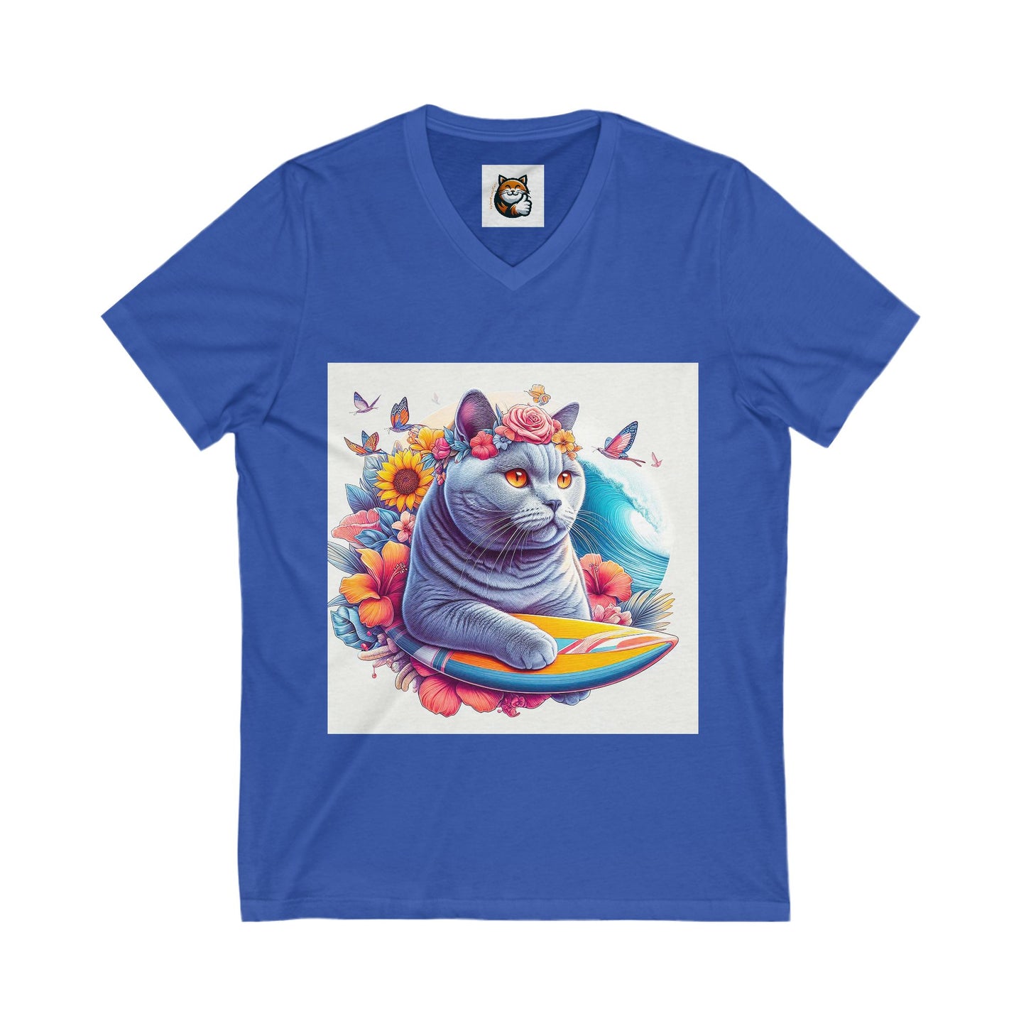 British Shorthair surfing Jersey Short Sleeve V-Neck Tee