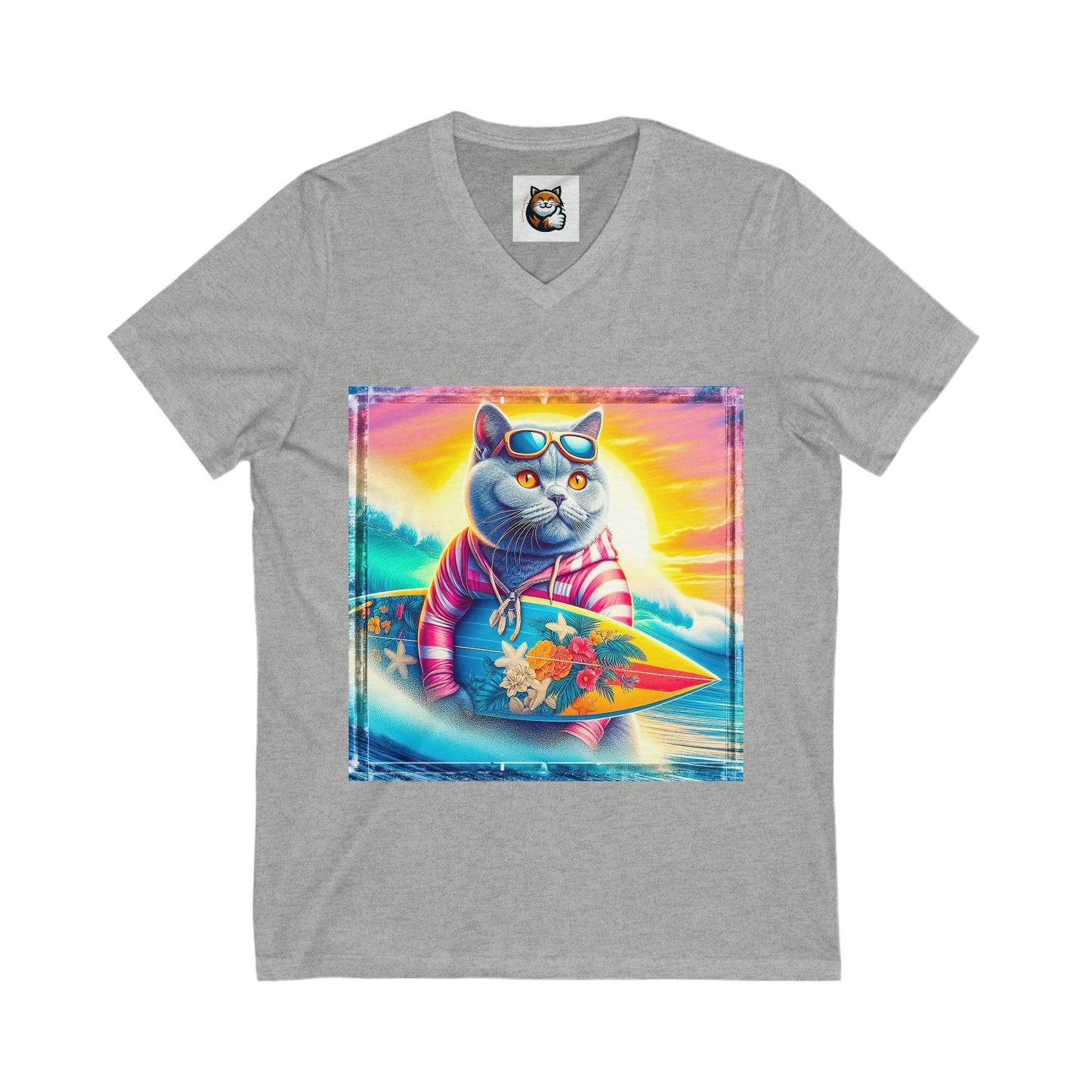 British Shorthair surfing Jersey Short Sleeve V-Neck Tee