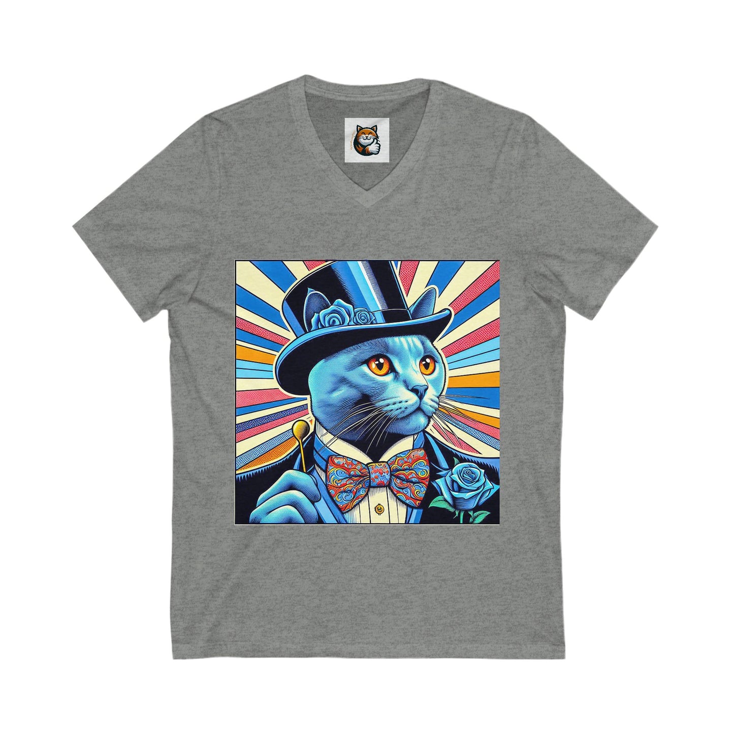 Russian Blue Cat top hat Cutie Short Sleeve V-Neck Tee