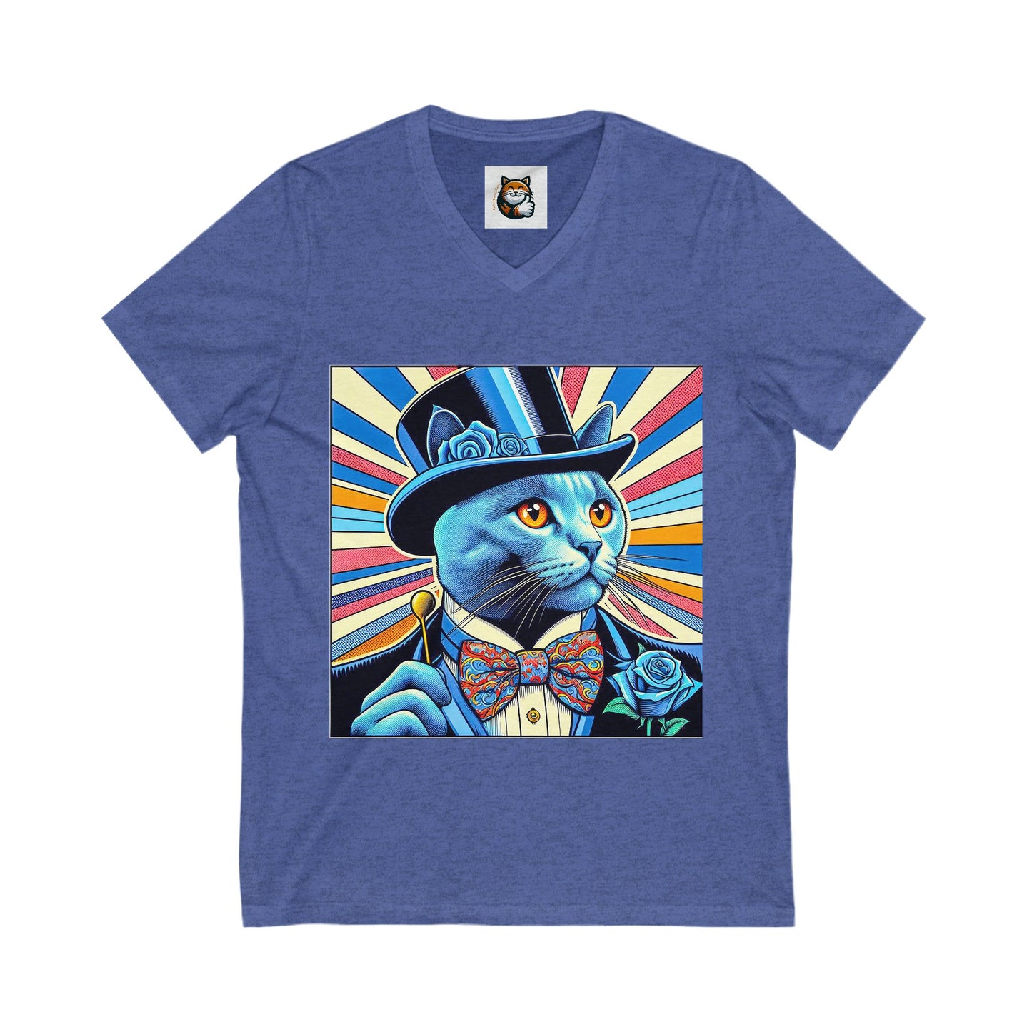 Russian Blue Cat top hat Cutie Short Sleeve V-Neck Tee