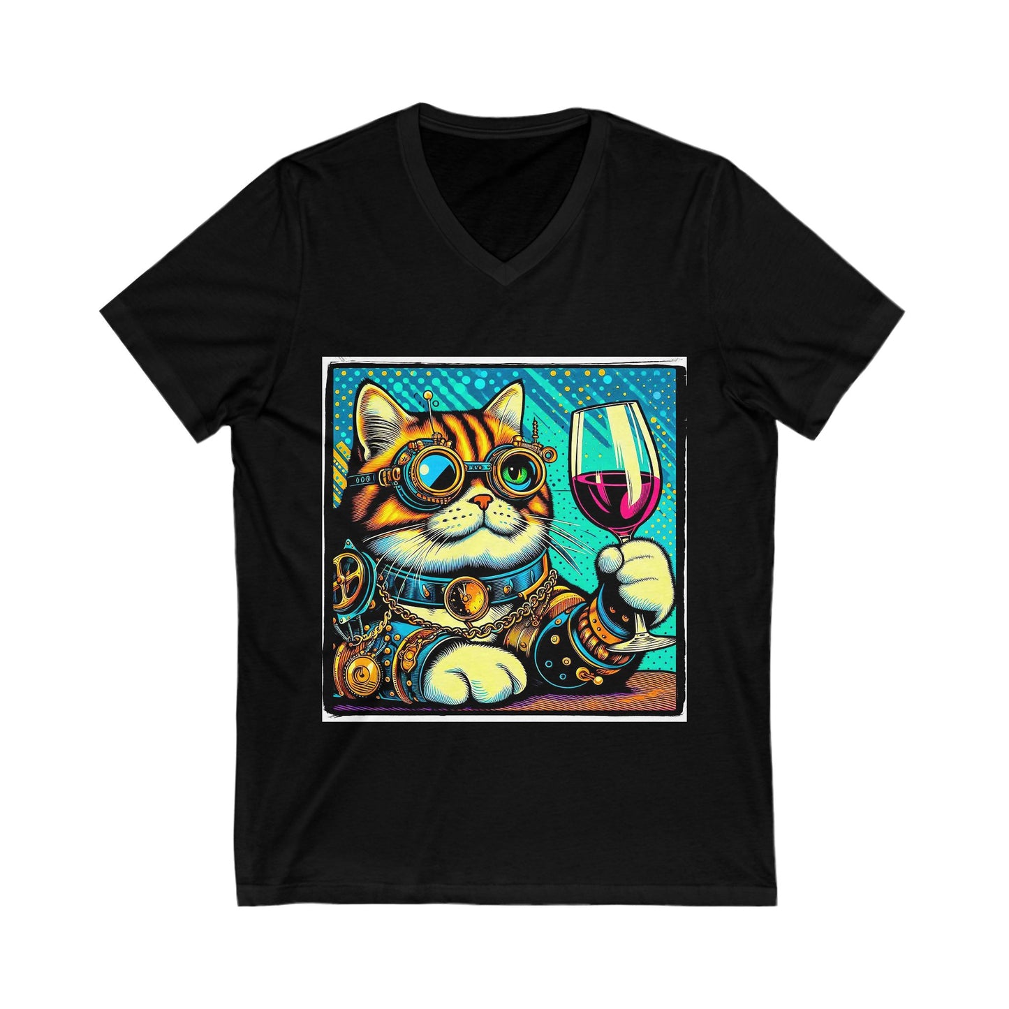 Domestic Cat steam punk and wine drinking V-Neck Tee