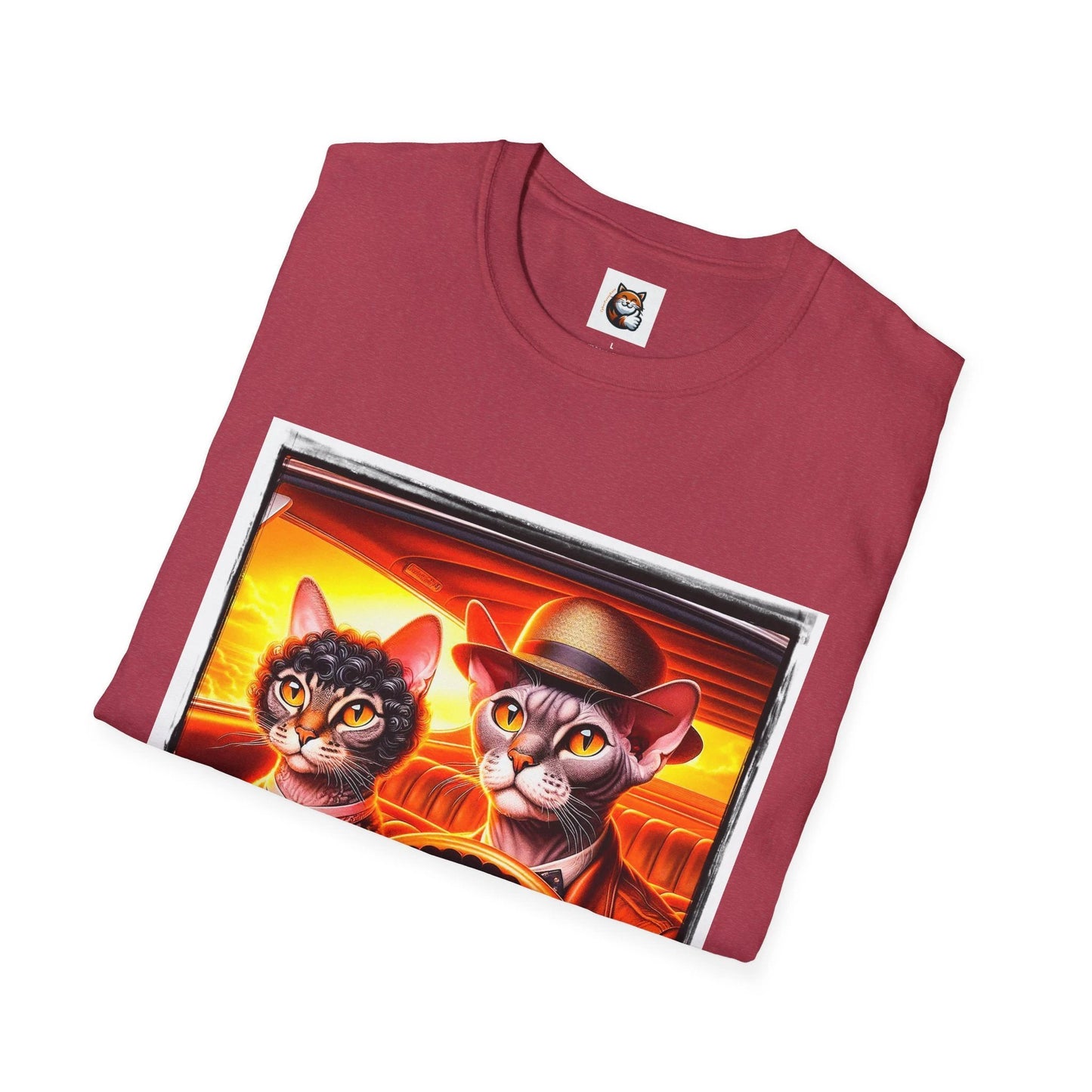 Wacky Devon Rex couple driving Unisex Softstyle T-Shirt by Printify