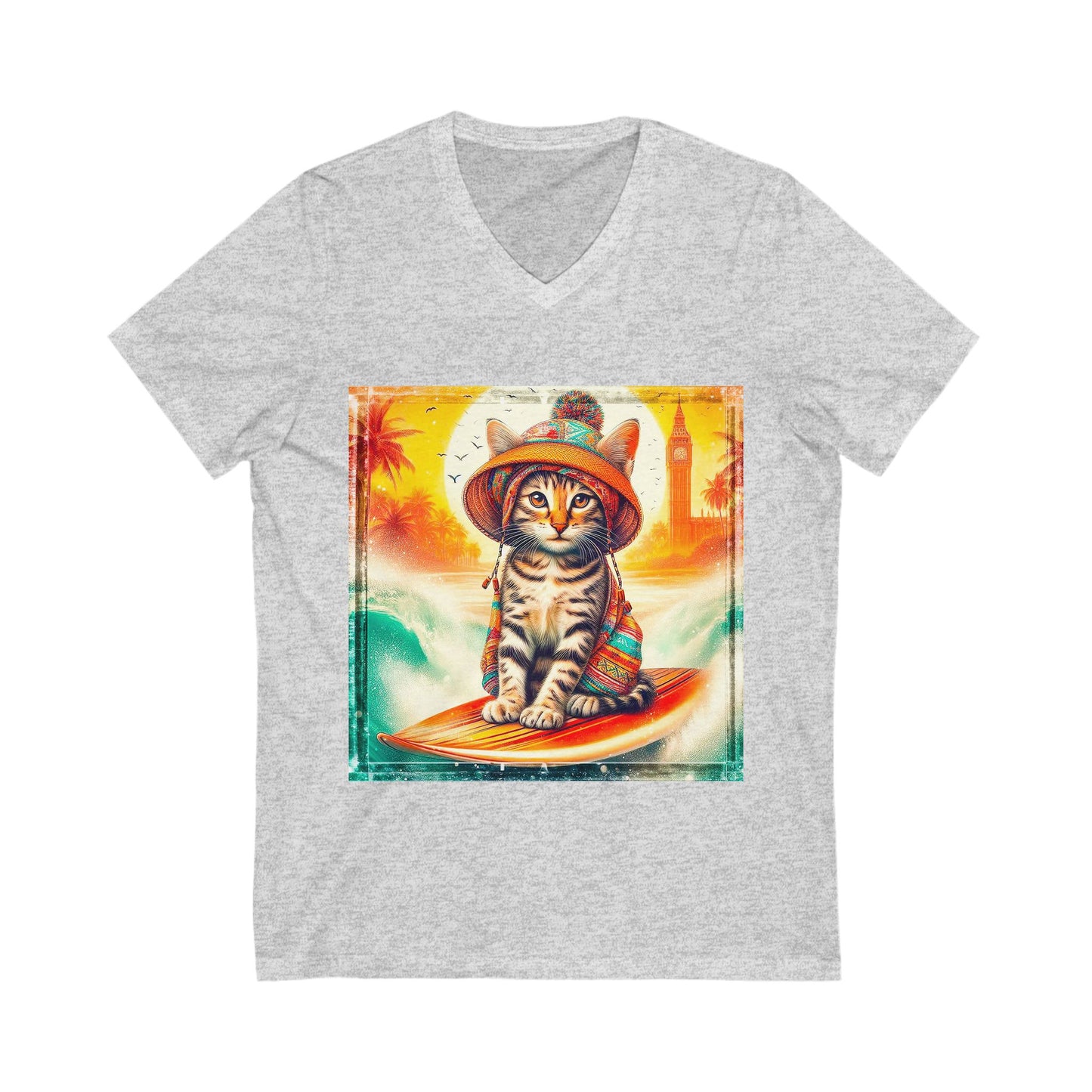 Domestic Cat surfer Sleeve V-Neck Tee