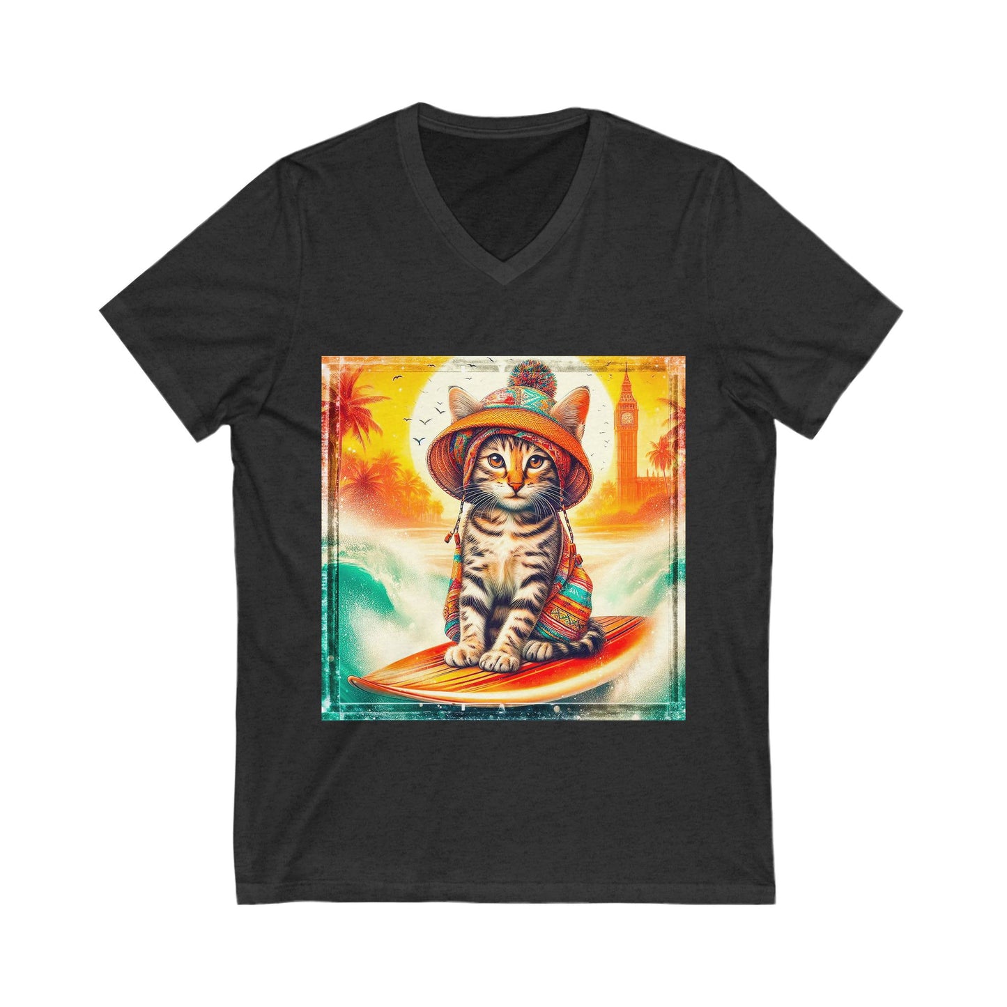 Domestic Cat surfer Sleeve V-Neck Tee