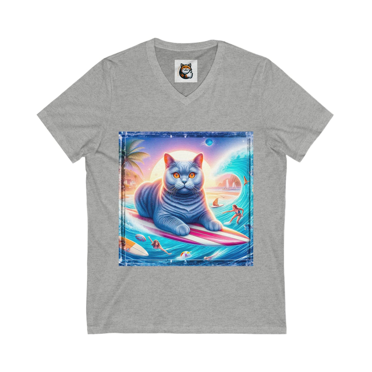 British Shorthair surfing cutie Unisex Jersey Short Sleeve V-Neck Tee