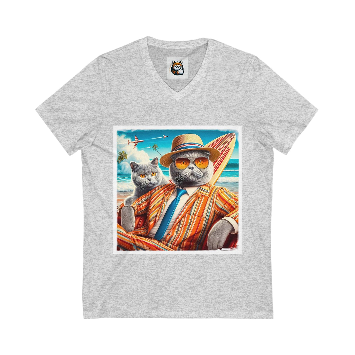 British Shorthair surfer cat Jersey Short Sleeve V-Neck Tee