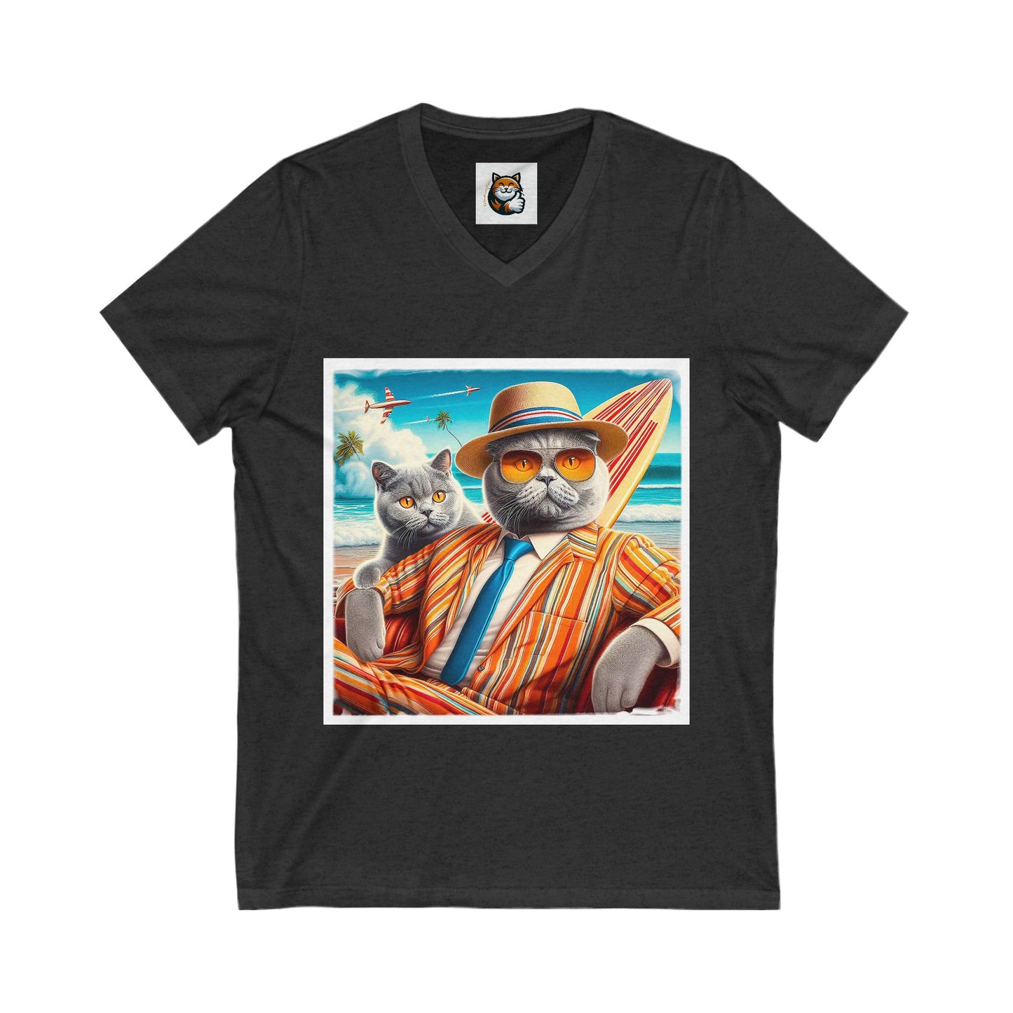 British Shorthair surfer cat Jersey Short Sleeve V-Neck Tee