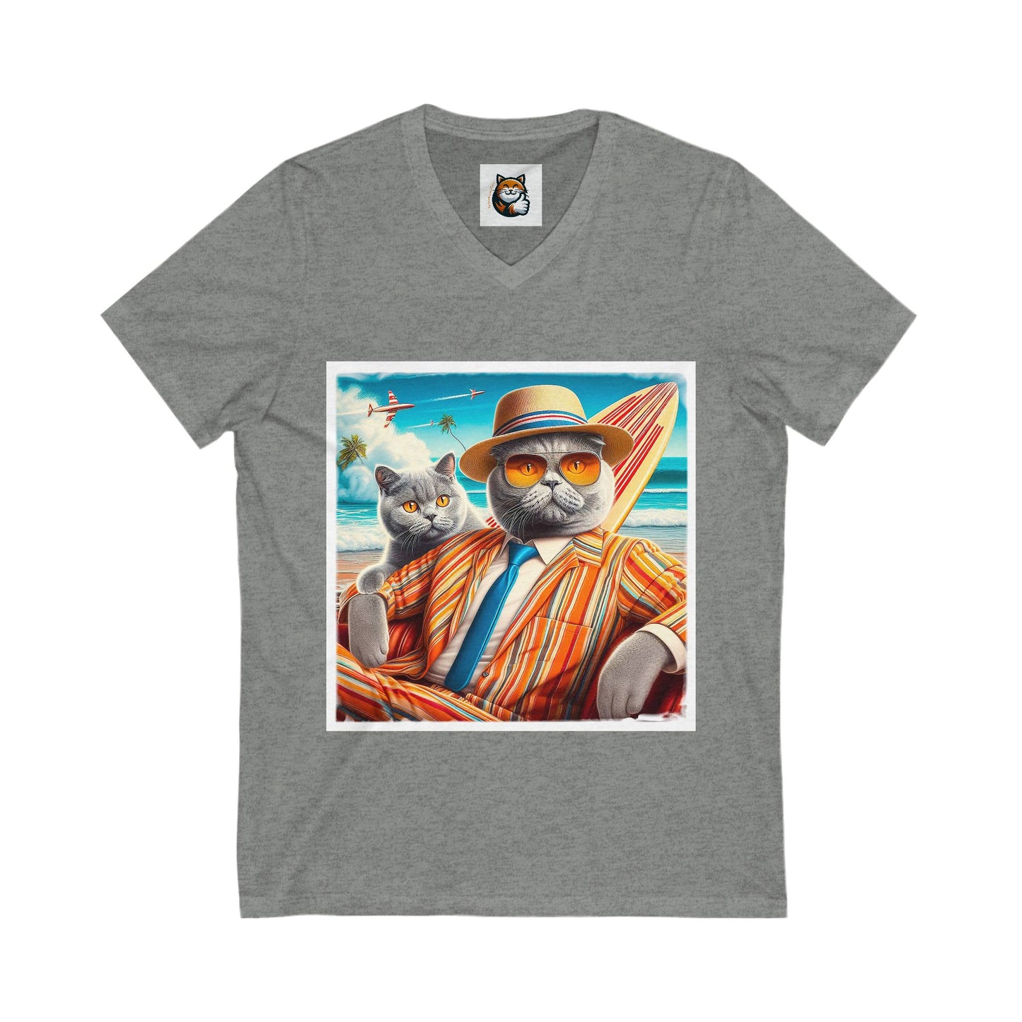 British Shorthair surfer cat Jersey Short Sleeve V-Neck Tee