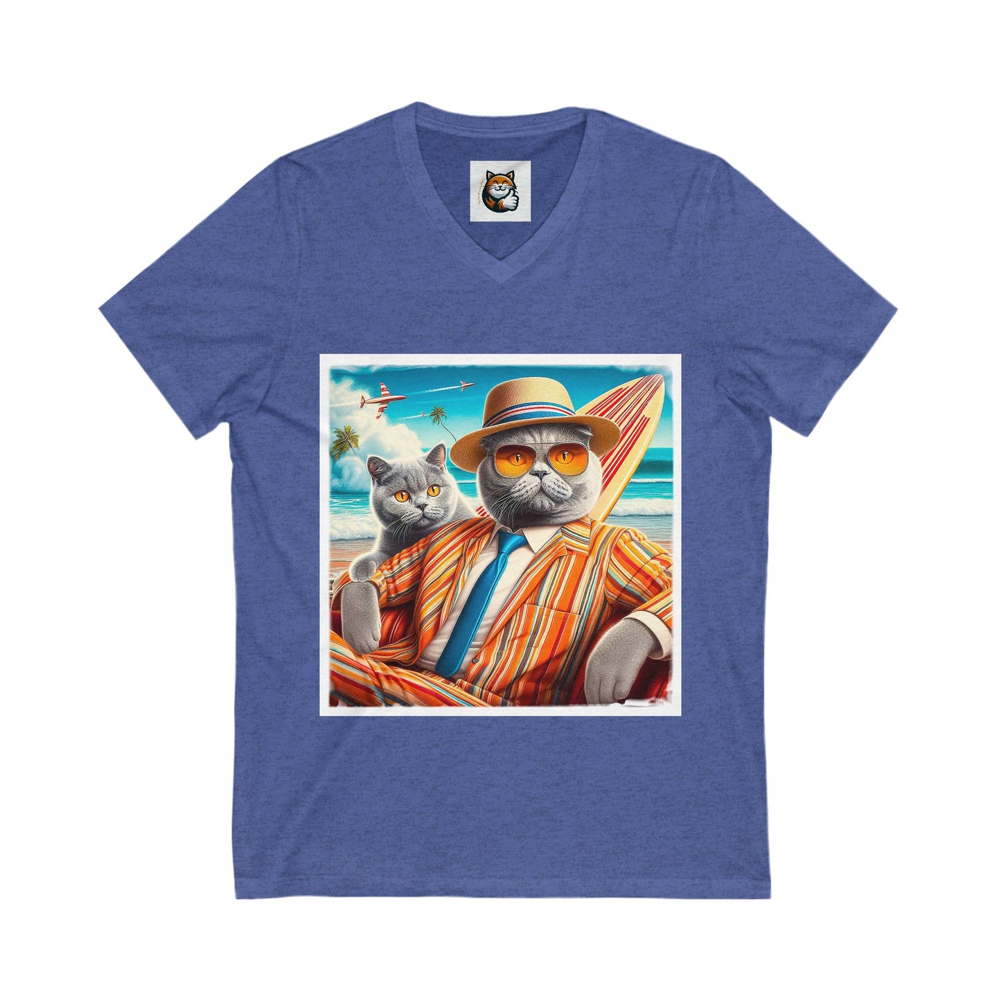 British Shorthair surfer cat Jersey Short Sleeve V-Neck Tee