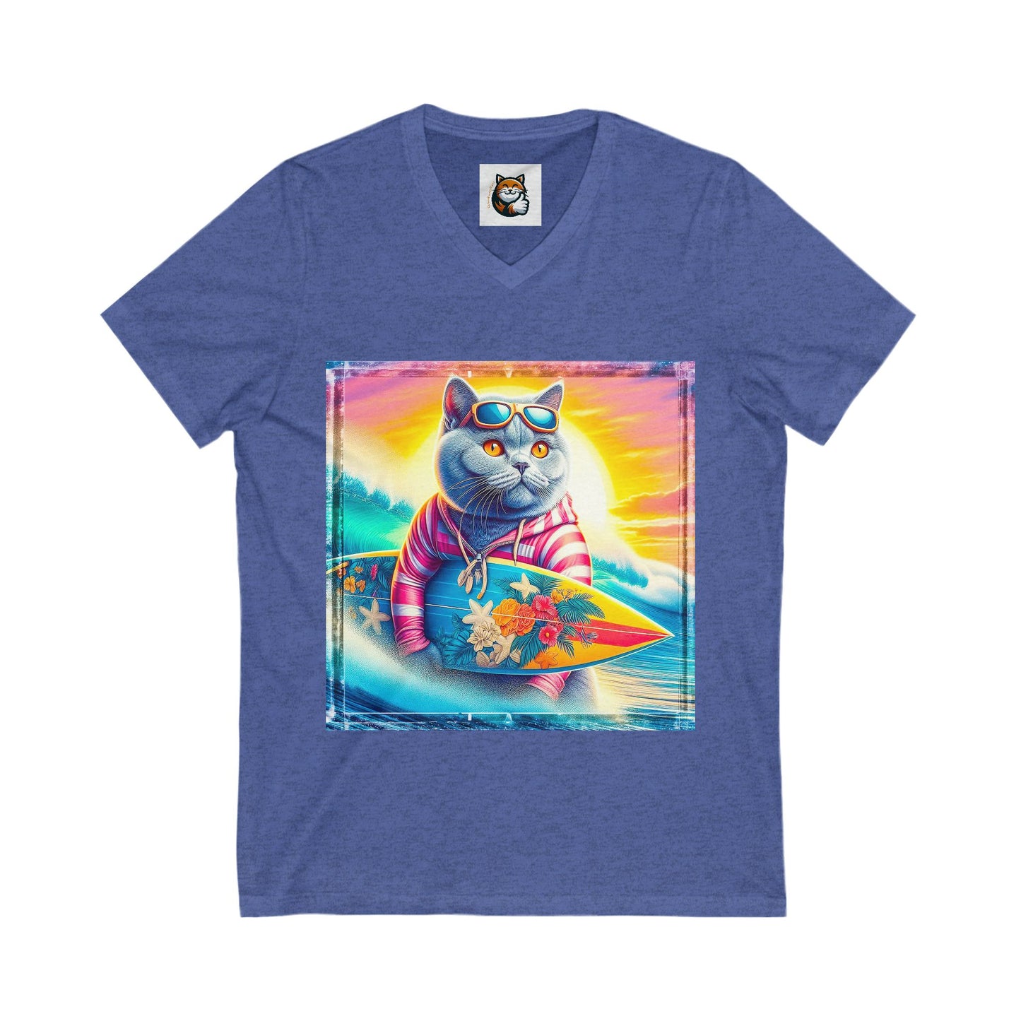 British Shorthair surfing Jersey Short Sleeve V-Neck Tee