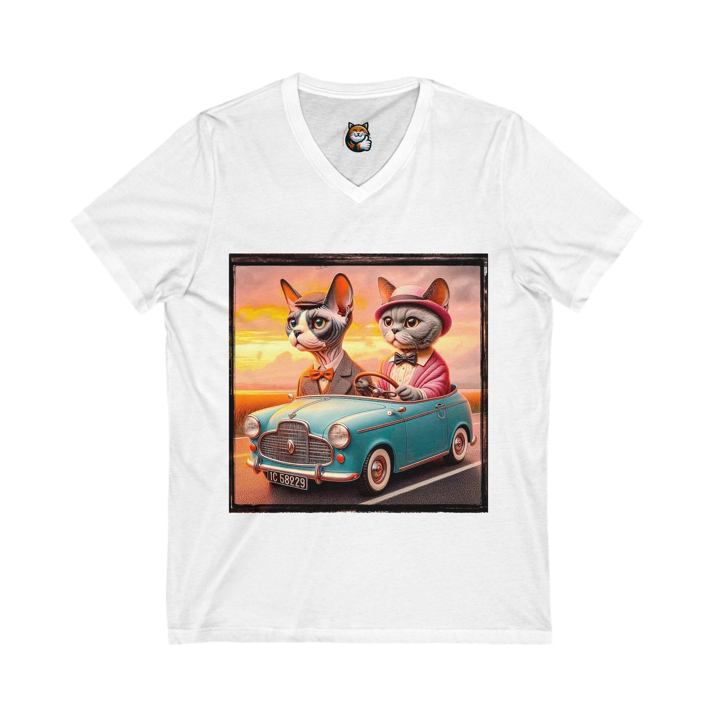Wacky Devon Rex Cat tiny car Jersey Short Sleeve V-Neck Tee