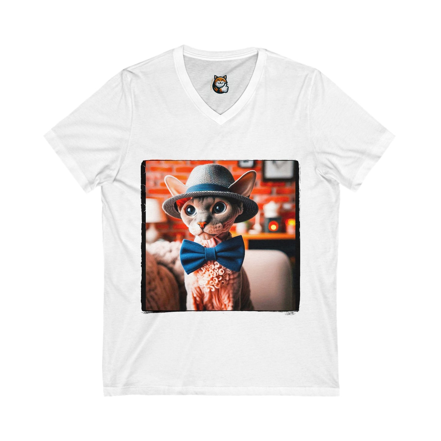 Devon Rex Cat hat and bow Jersey Short Sleeve V-Neck Tee