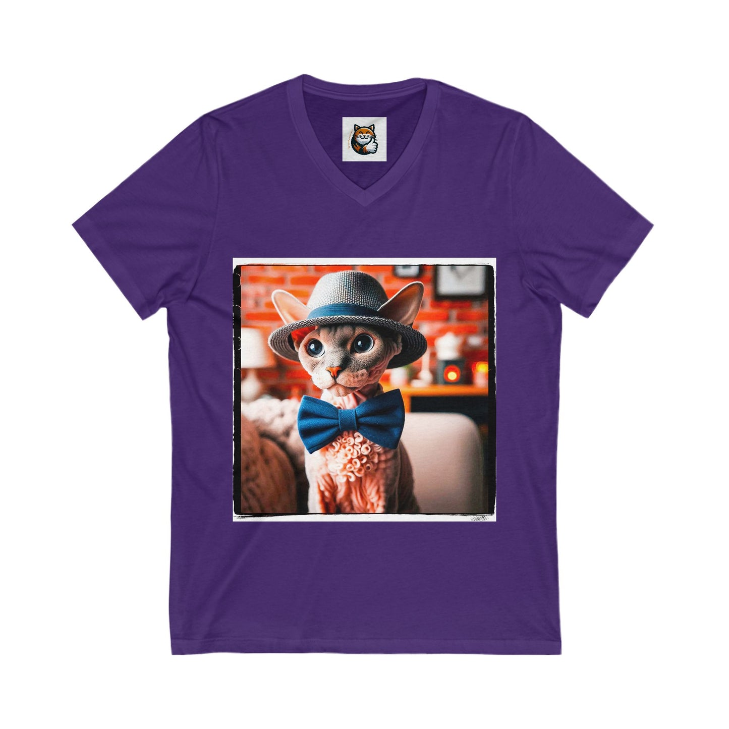 Devon Rex Cat hat and bow Jersey Short Sleeve V-Neck Tee