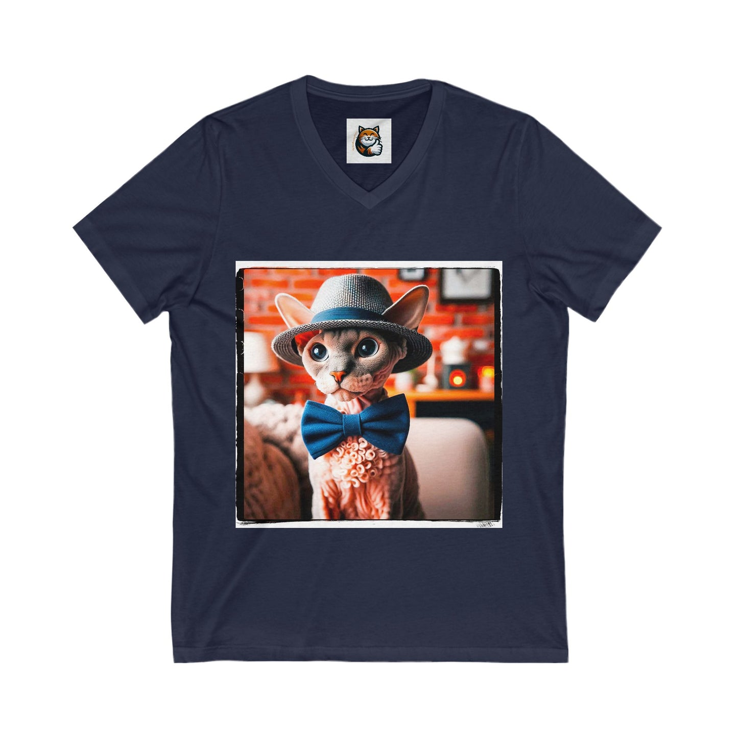 Devon Rex Cat hat and bow Jersey Short Sleeve V-Neck Tee
