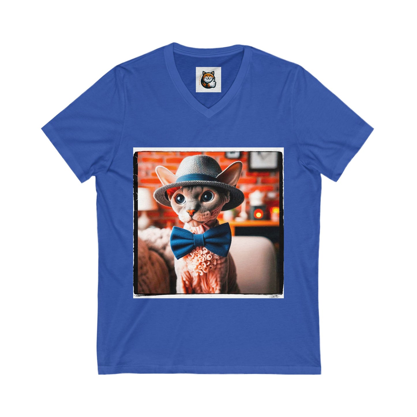 Devon Rex Cat hat and bow Jersey Short Sleeve V-Neck Tee