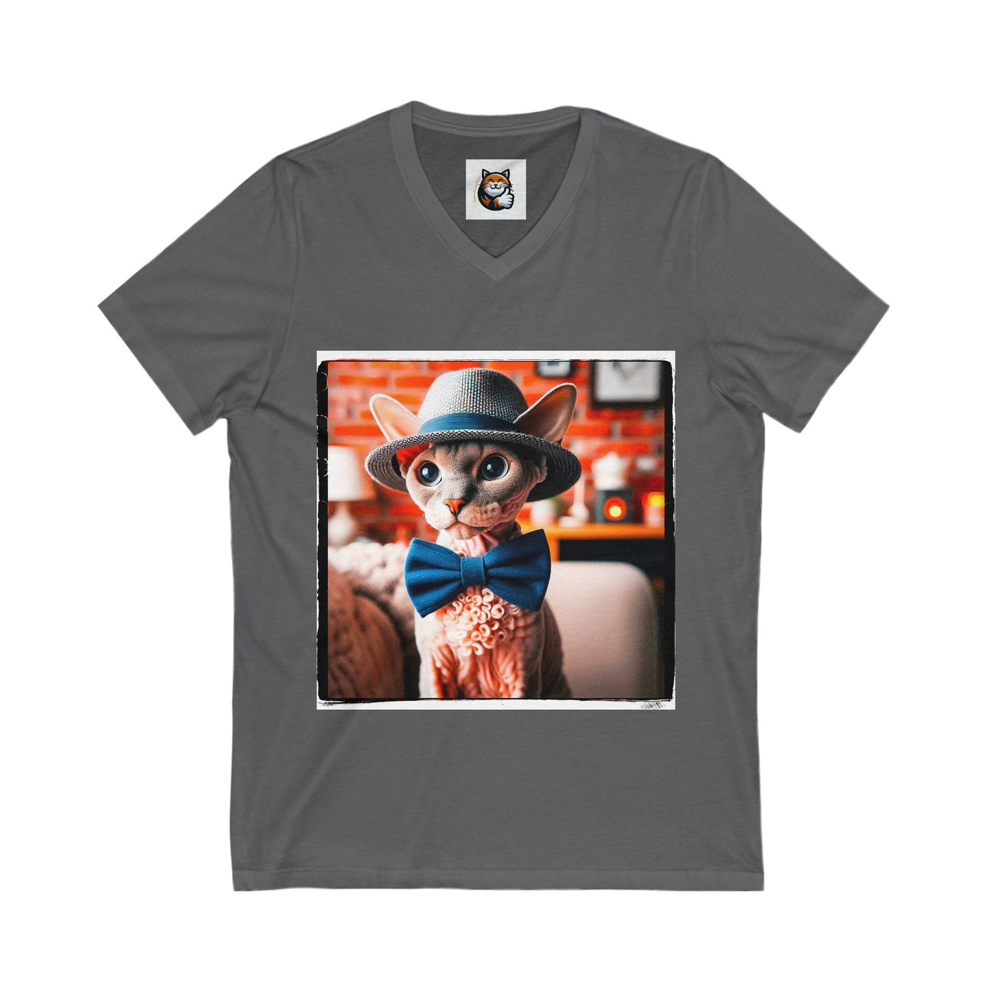 Devon Rex Cat hat and bow Jersey Short Sleeve V-Neck Tee