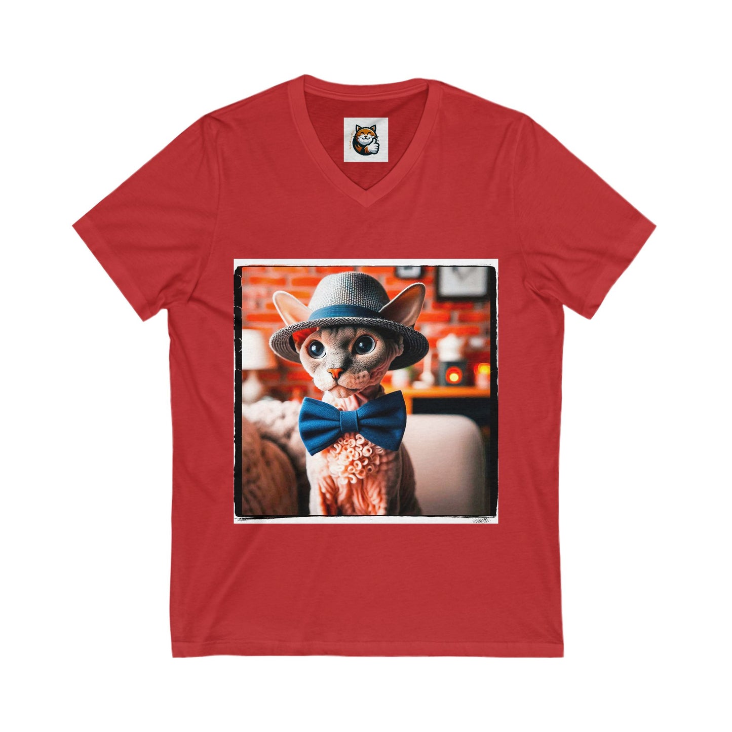 Devon Rex Cat hat and bow Jersey Short Sleeve V-Neck Tee