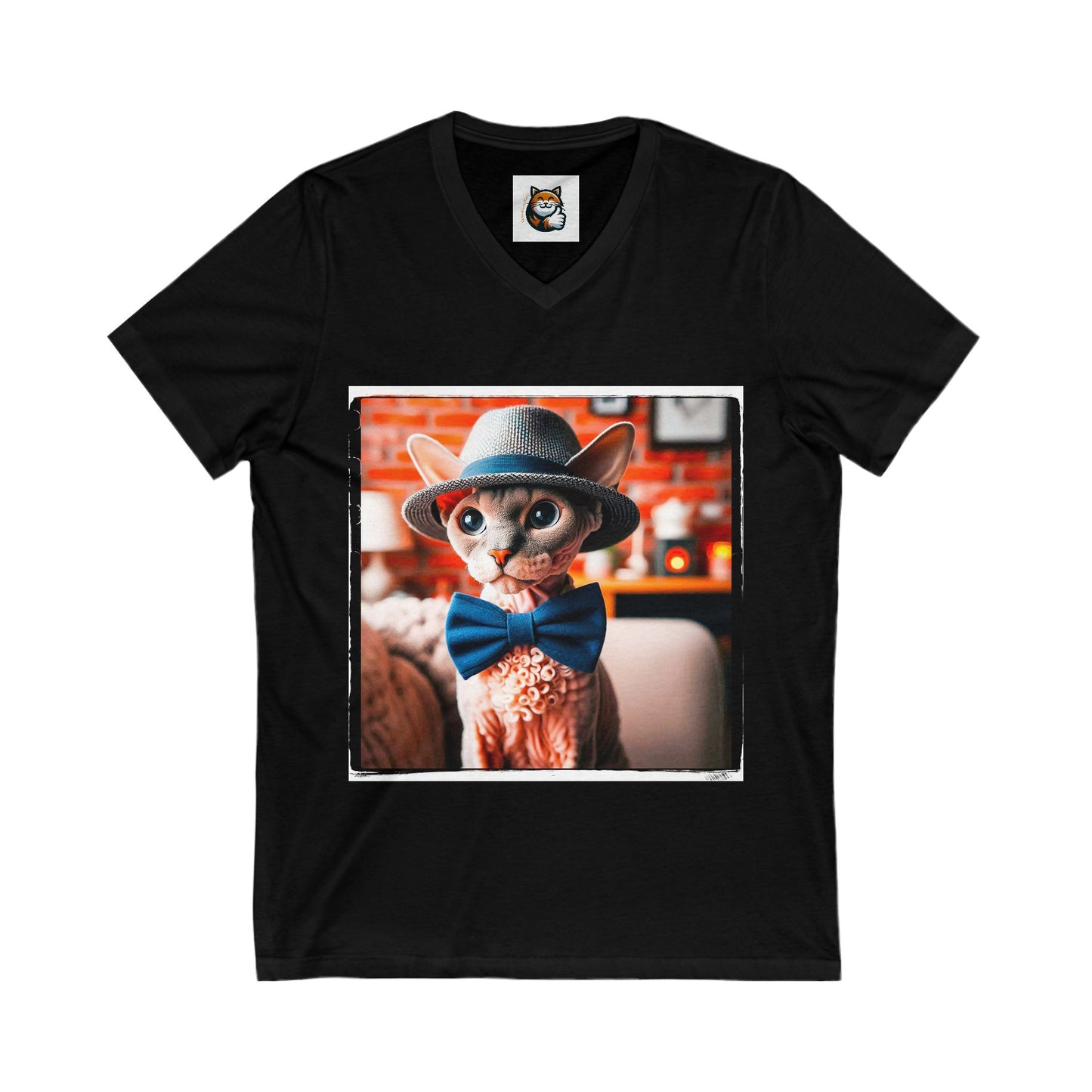Devon Rex Cat hat and bow Jersey Short Sleeve V-Neck Tee