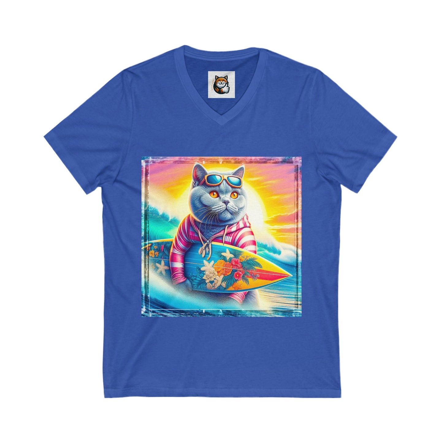 British Shorthair surfing Jersey Short Sleeve V-Neck Tee