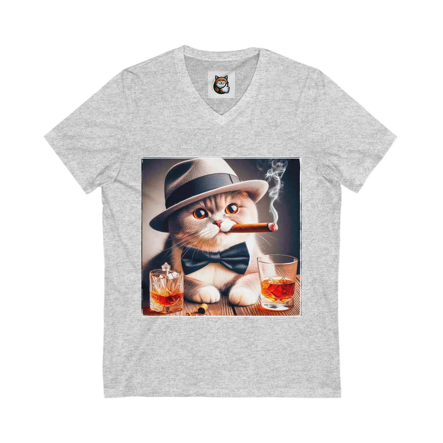 British Shorthair hat and bow tie Jersey Short Sleeve V-Neck Tee