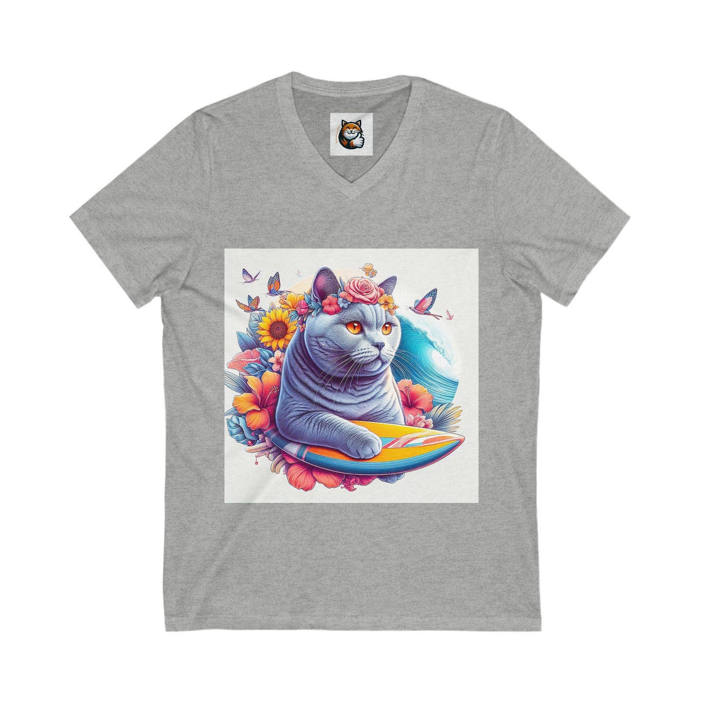 British Shorthair surfing Jersey Short Sleeve V-Neck Tee