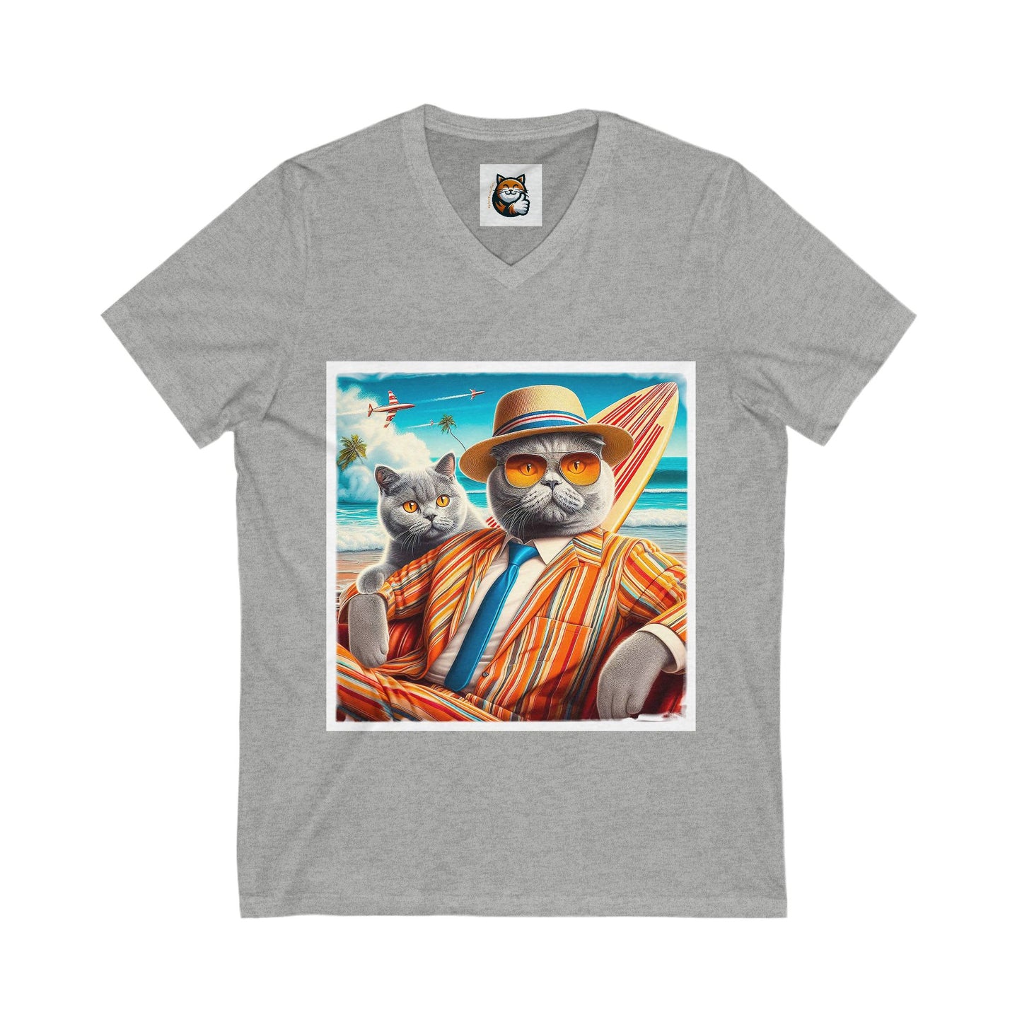 British Shorthair surfer cat Jersey Short Sleeve V-Neck Tee