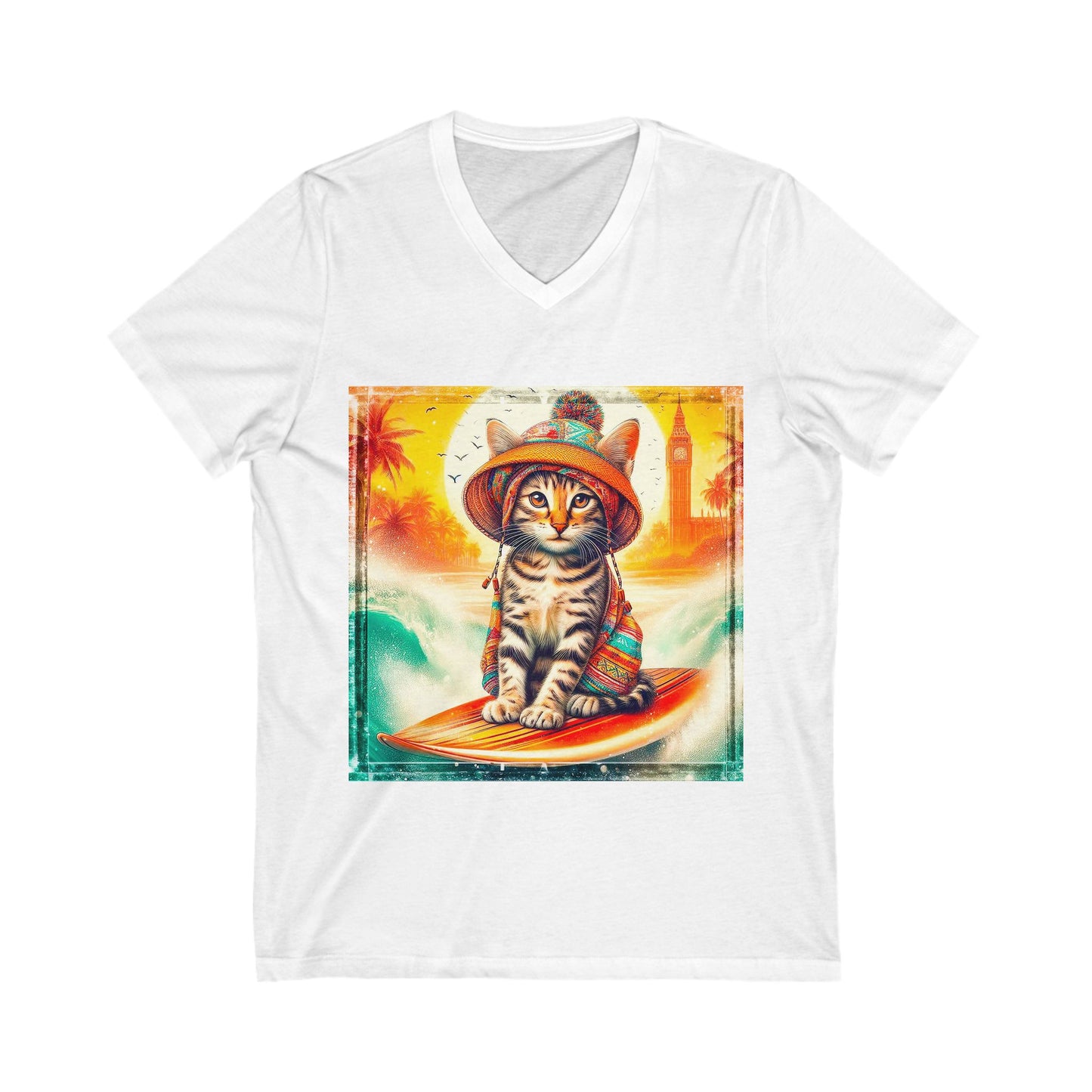 Domestic Cat surfer Sleeve V-Neck Tee