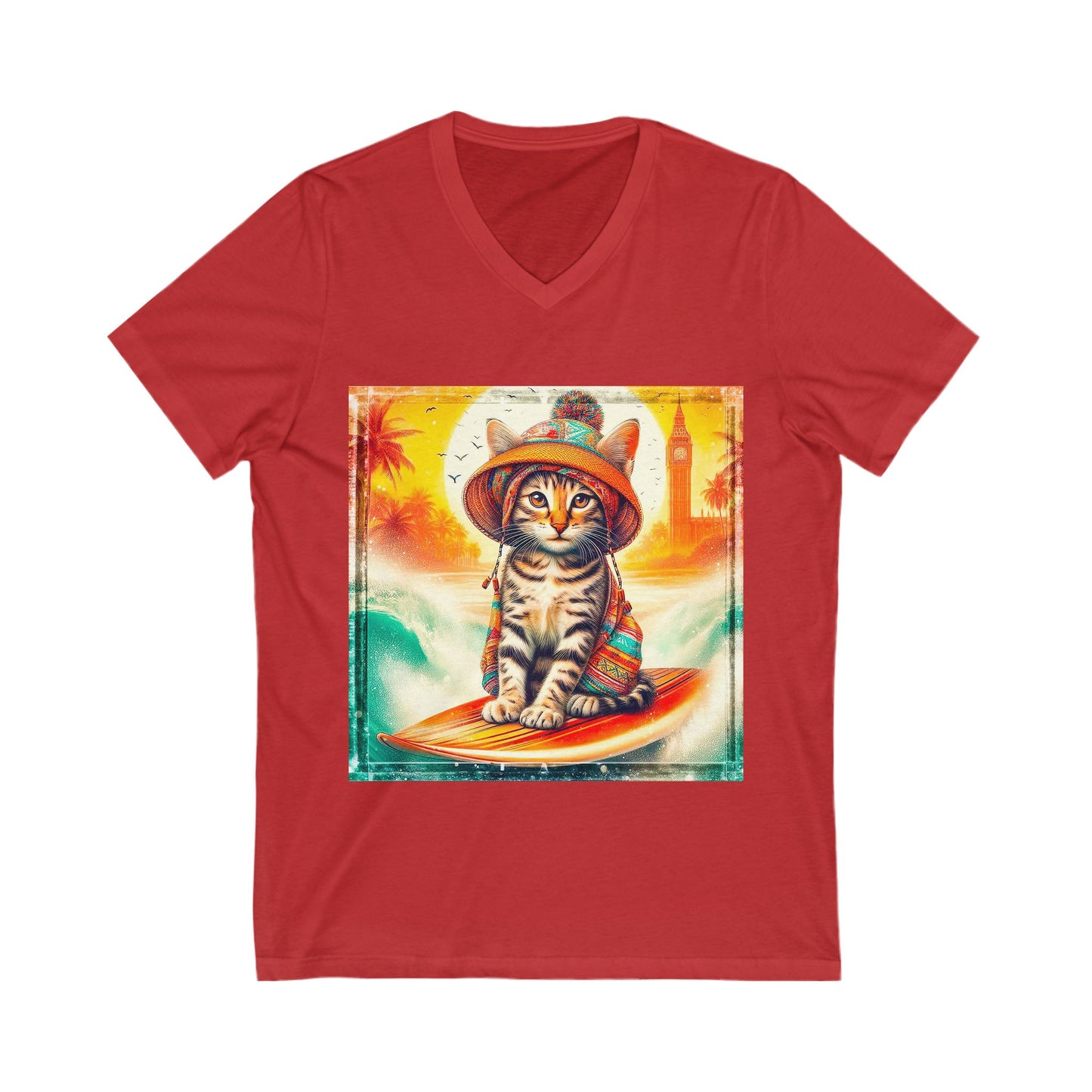 Domestic Cat surfer Sleeve V-Neck Tee