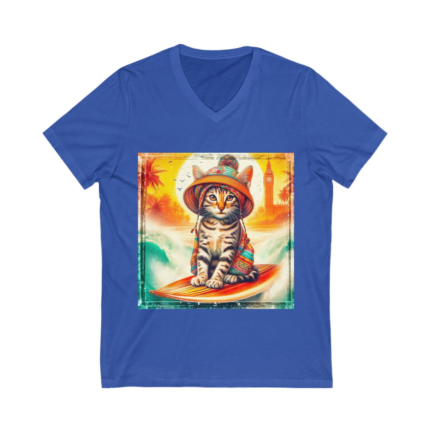 Domestic Cat surfer Sleeve V-Neck Tee