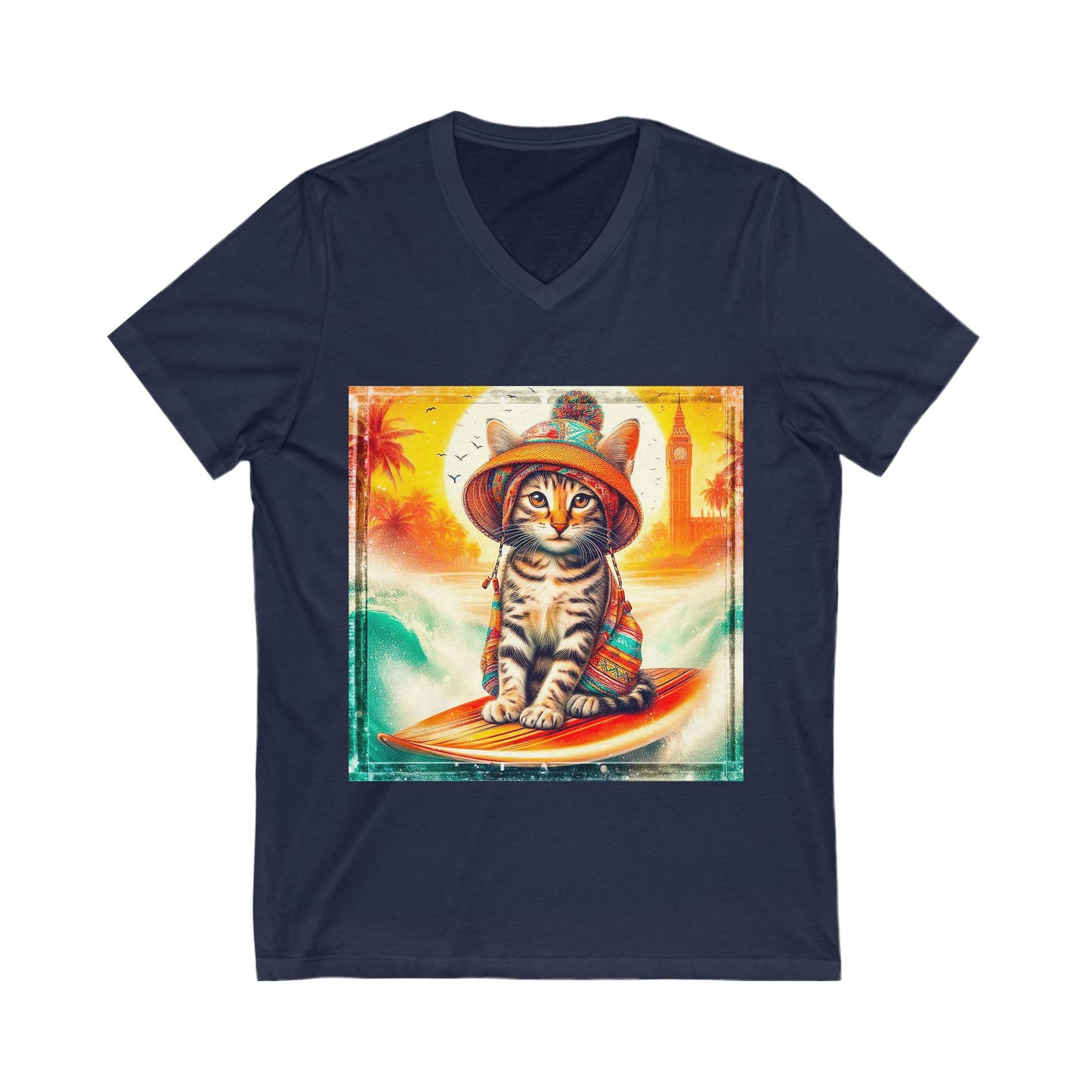 Domestic Cat surfer Sleeve V-Neck Tee
