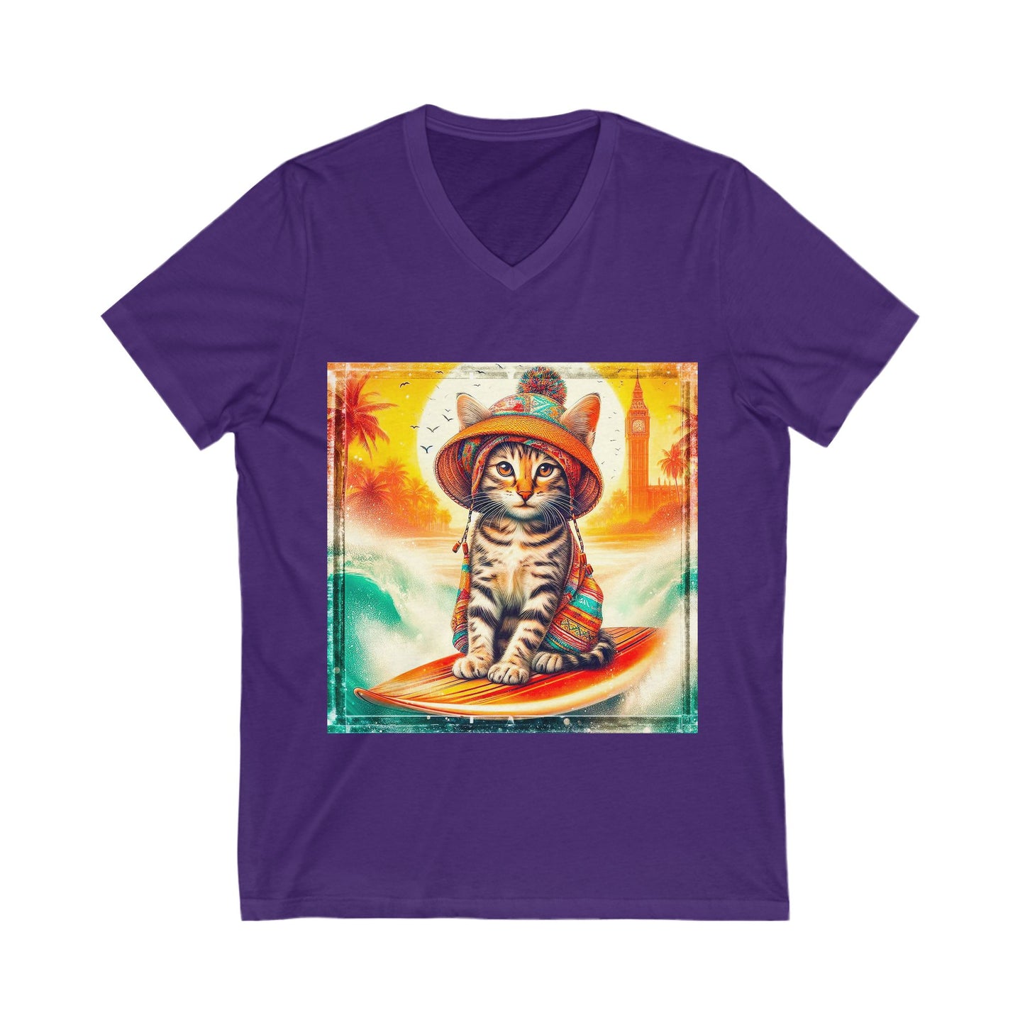 Domestic Cat surfer Sleeve V-Neck Tee