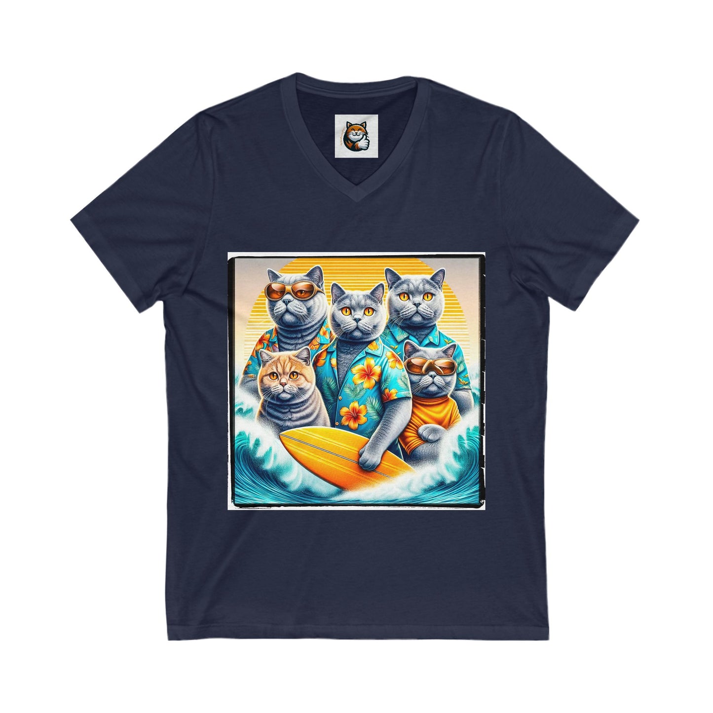 British Shorthair family surfers Jersey Short Sleeve V-Neck Tee