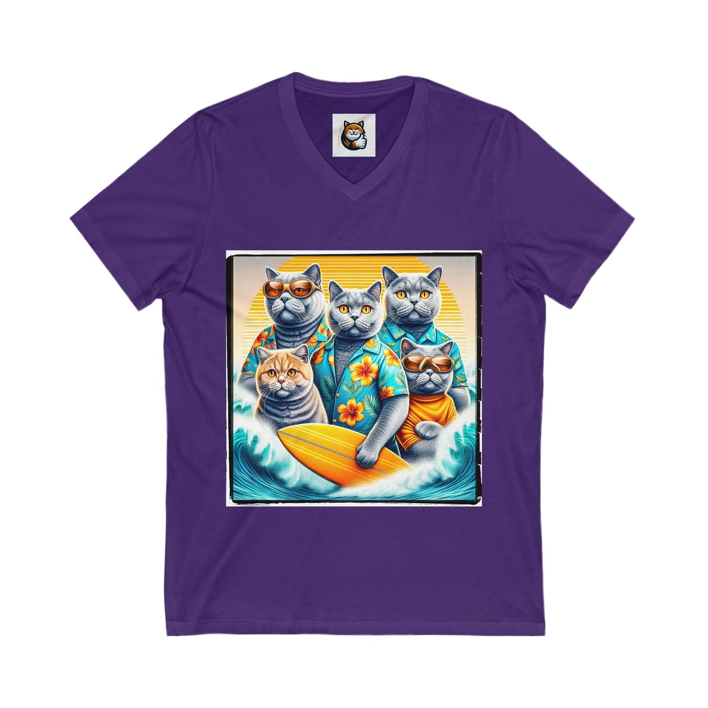 British Shorthair family surfers Jersey Short Sleeve V-Neck Tee