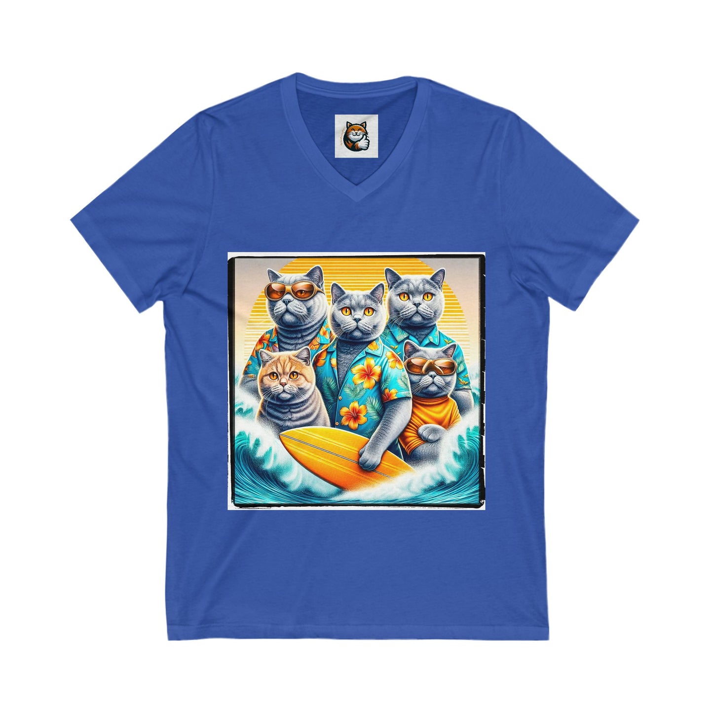 British Shorthair family surfers Jersey Short Sleeve V-Neck Tee