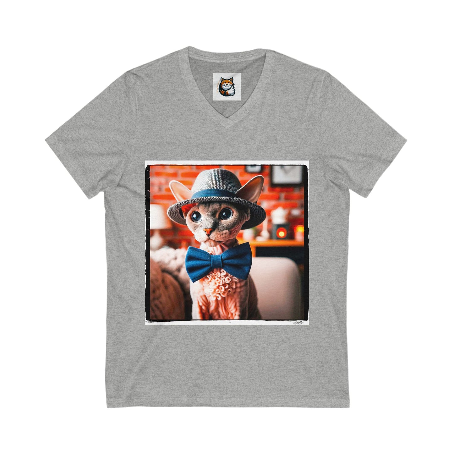 Devon Rex Cat hat and bow Jersey Short Sleeve V-Neck Tee
