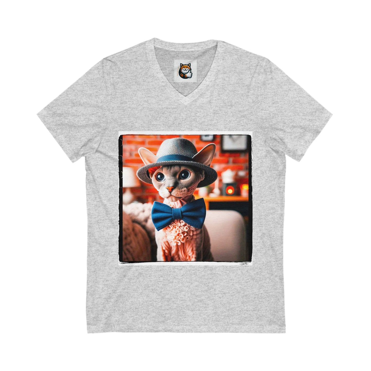 Devon Rex Cat hat and bow Jersey Short Sleeve V-Neck Tee